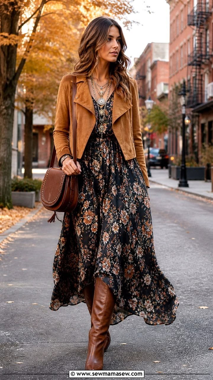 Woman wearing a tan suede moto jacket over a floral prairie dress with tall brown boots