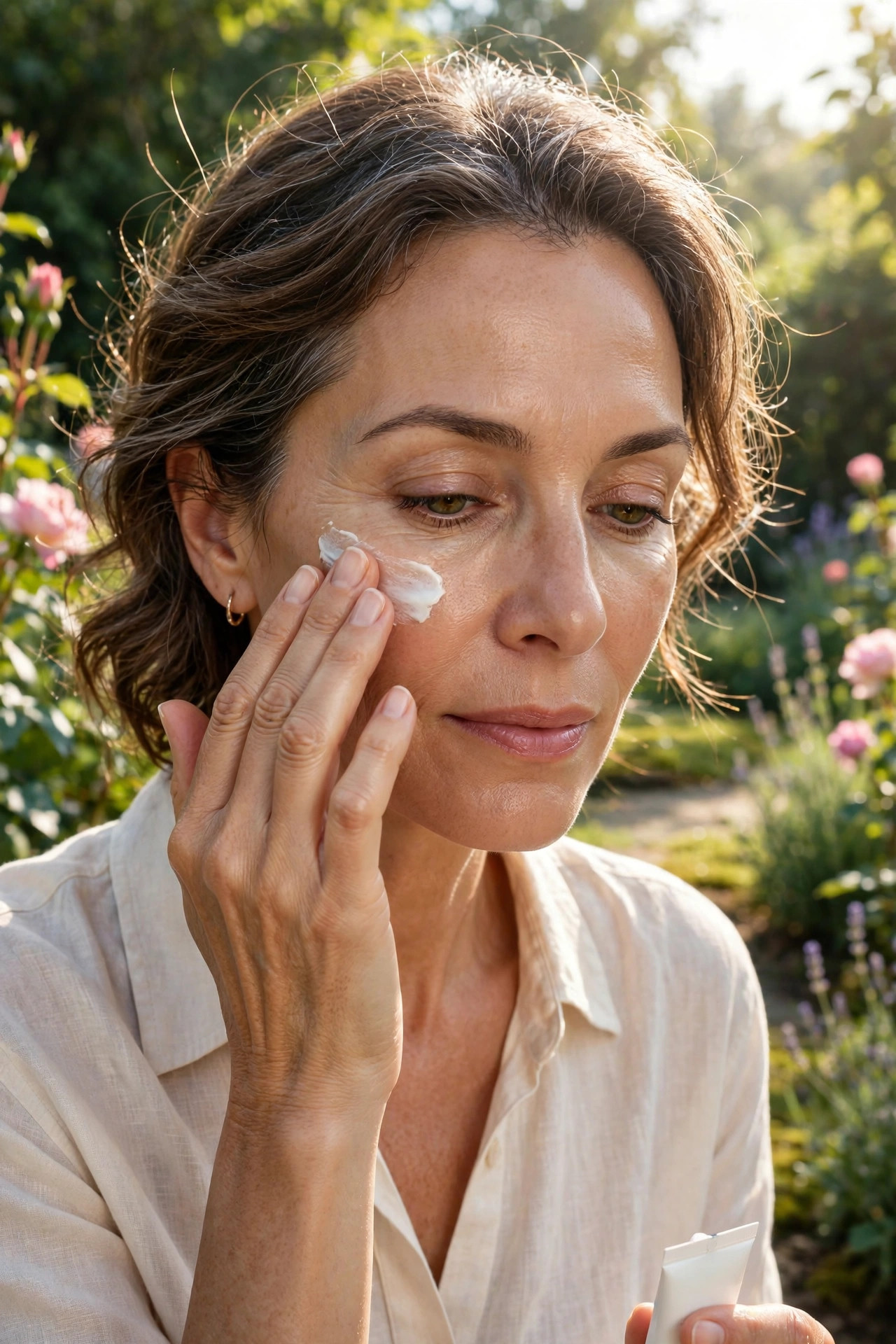 A woman in her 50s applying sunscreen to her face in morning sunlight