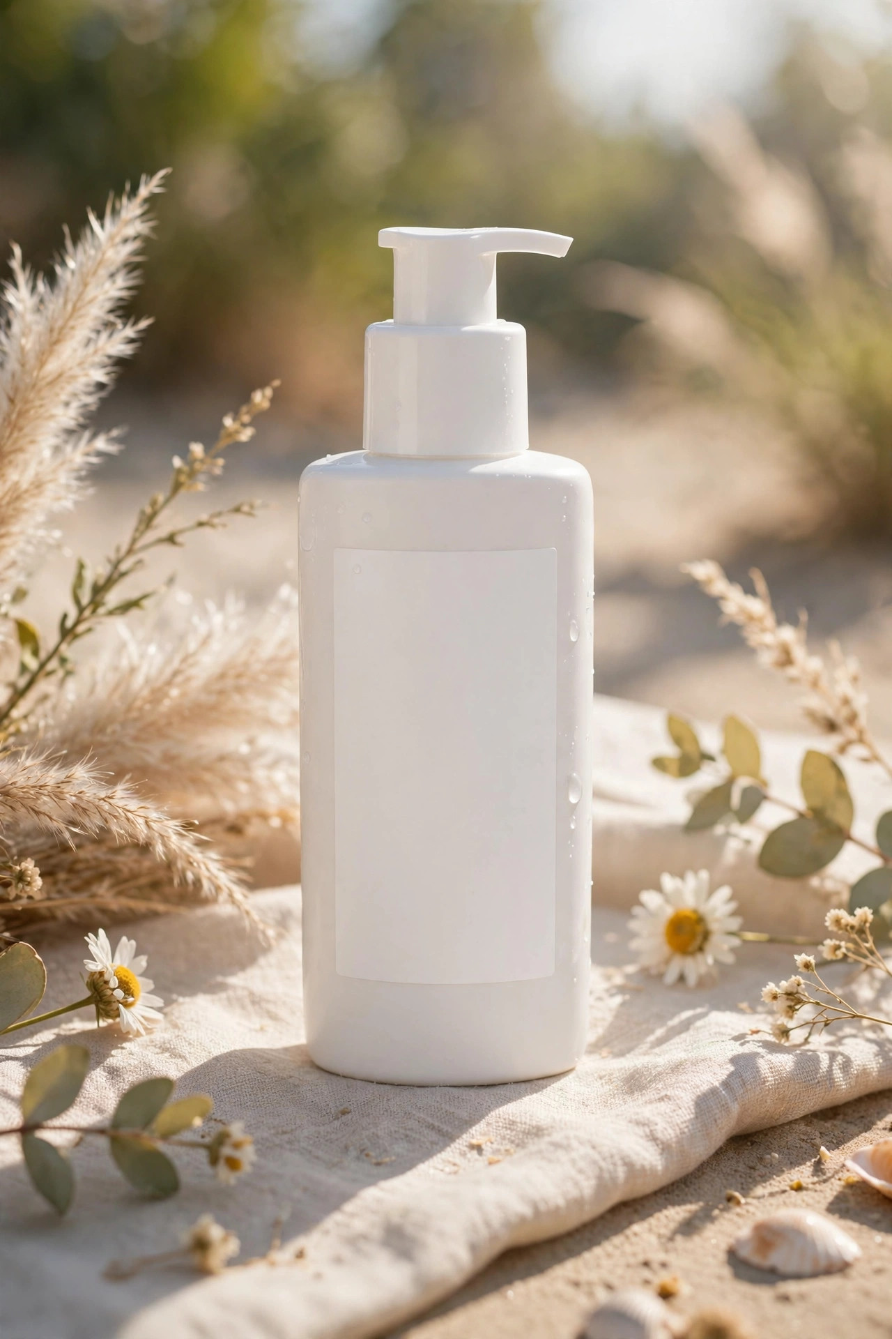 Unbranded white sunscreen bottle in bright sunlight
