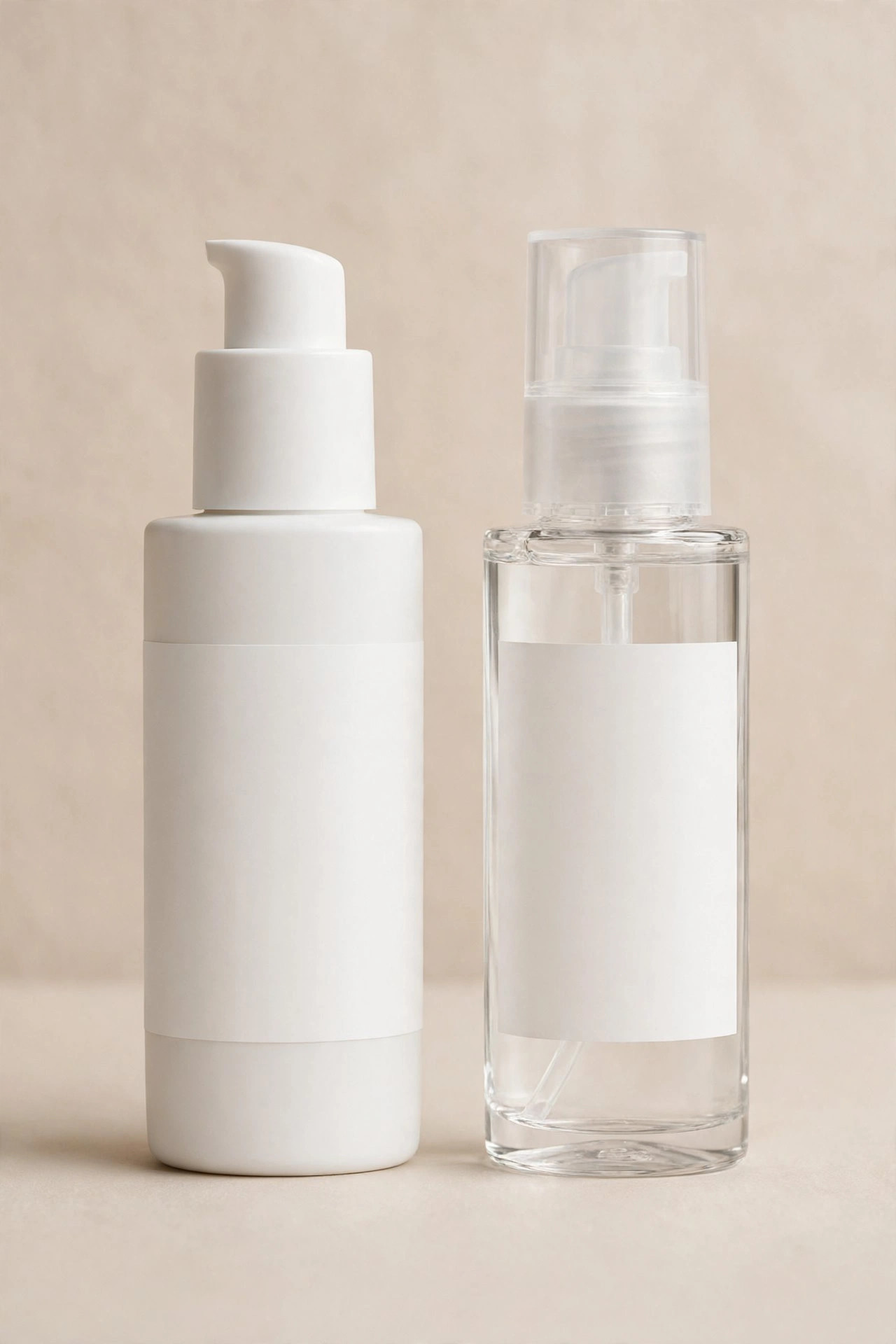 Two unbranded sunscreen bottles side by side, mineral and chemical