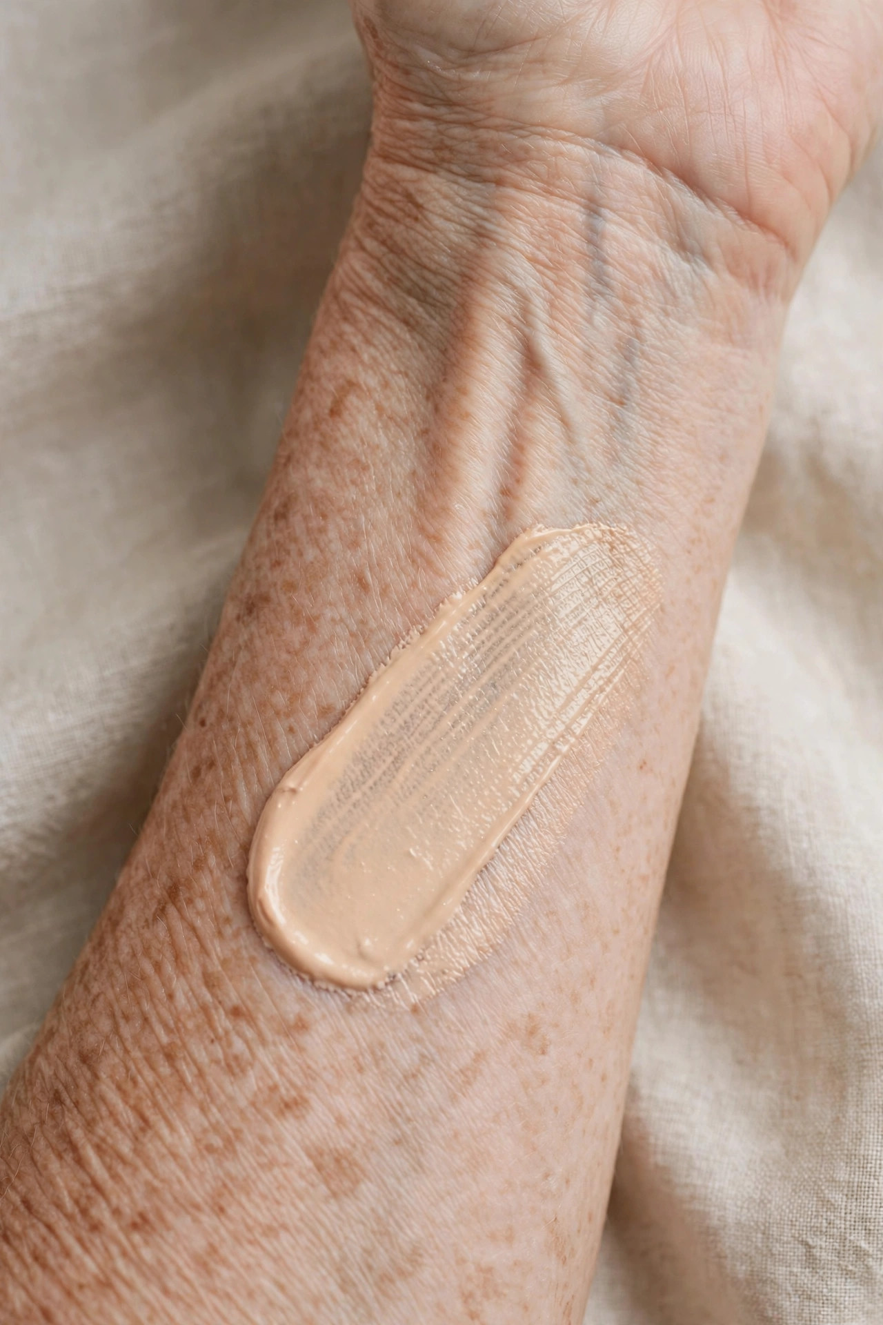 Swatch of tinted sunscreen cream on mature skin