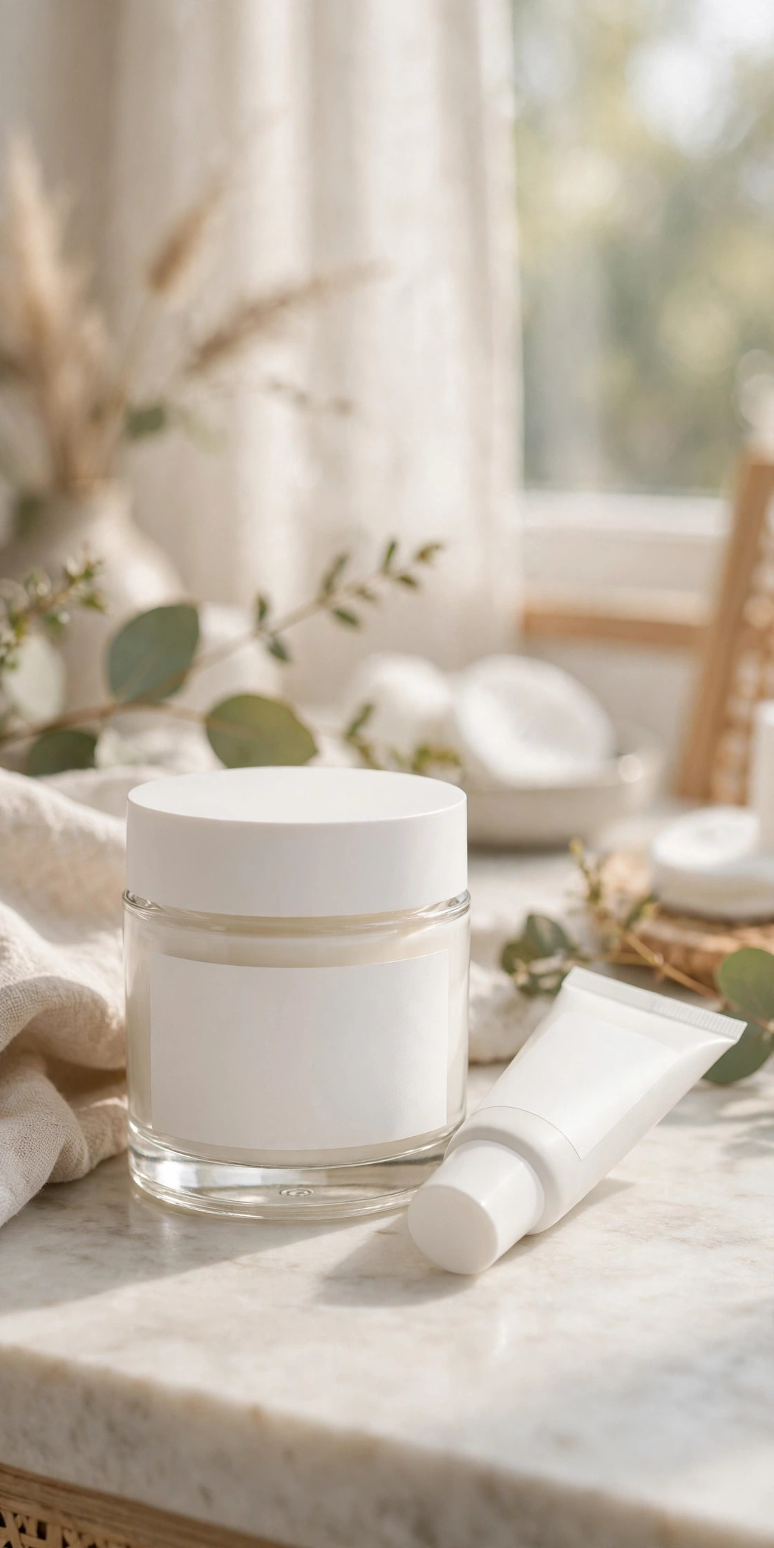 Moisturizer jar with SPF beside a sunscreen tube on a vanity