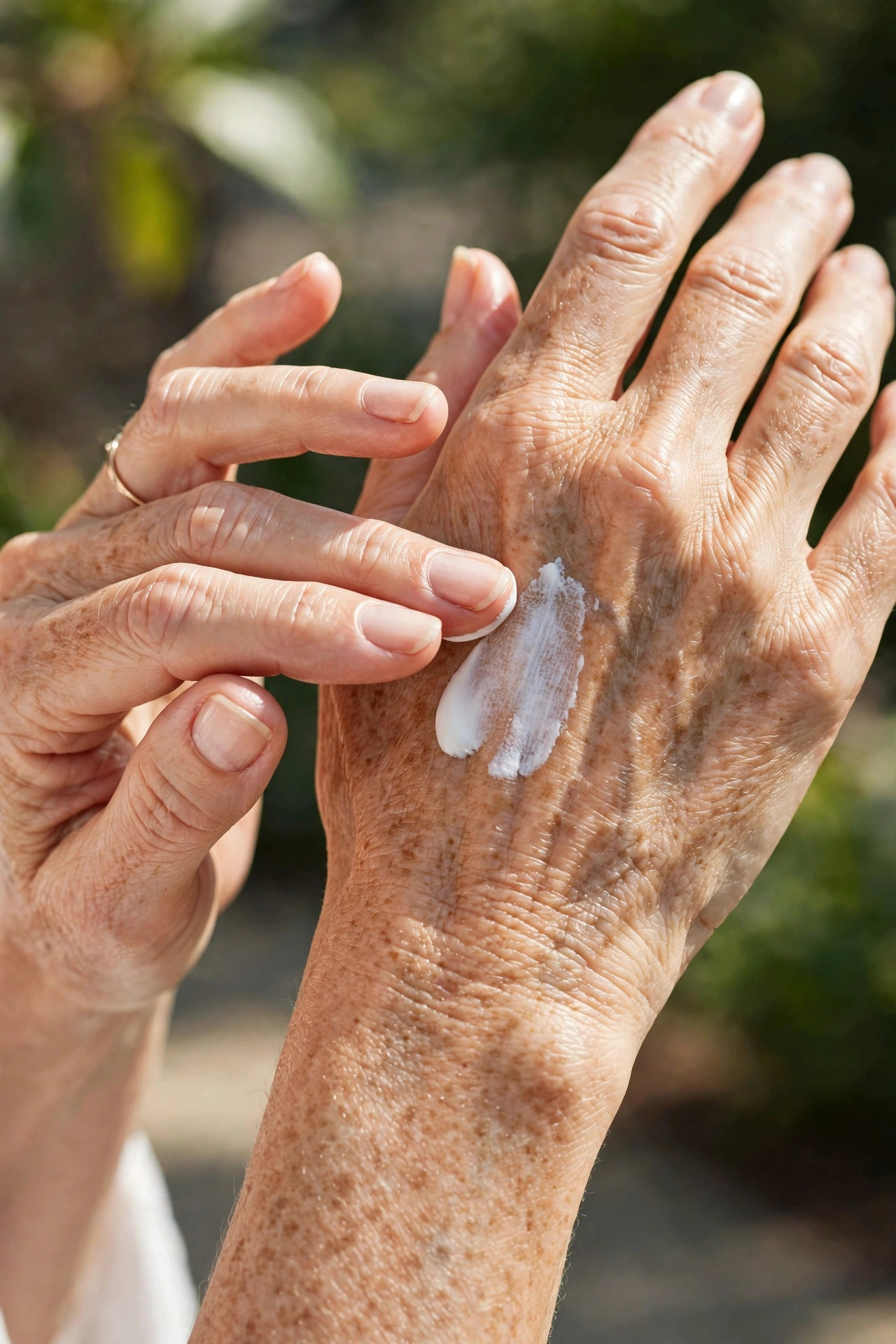 Close-up of a woman applying sunscreen to the backs of her hands