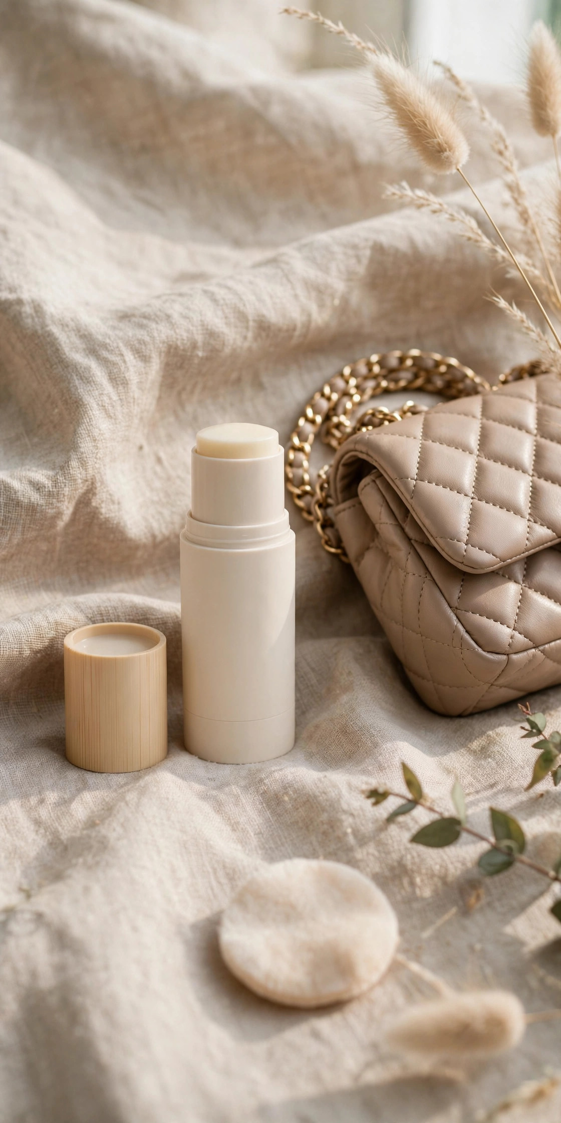 Unbranded sunscreen stick beside a small handbag