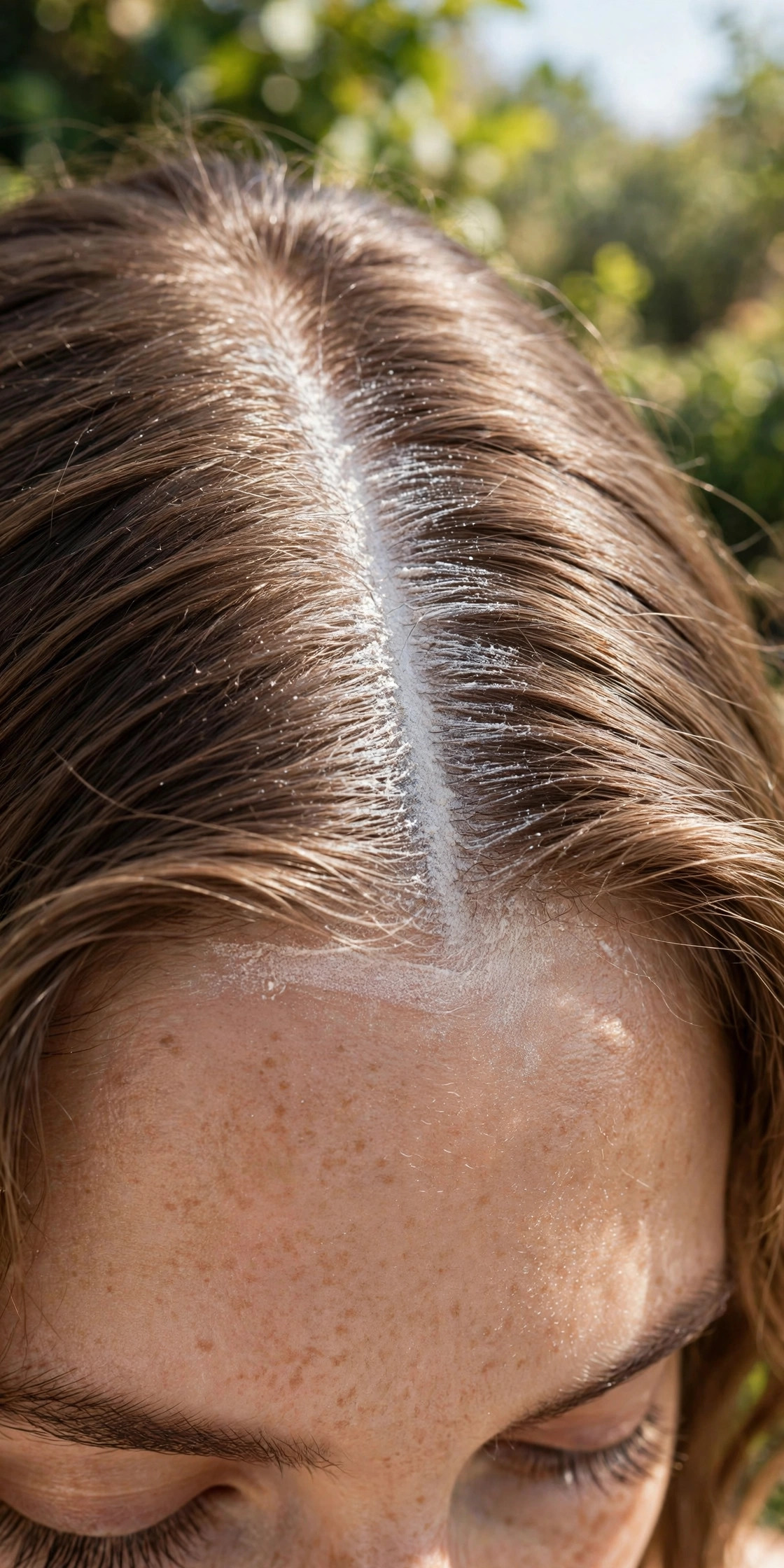 Close-up of a woman's hair part line with sunscreen powder applied