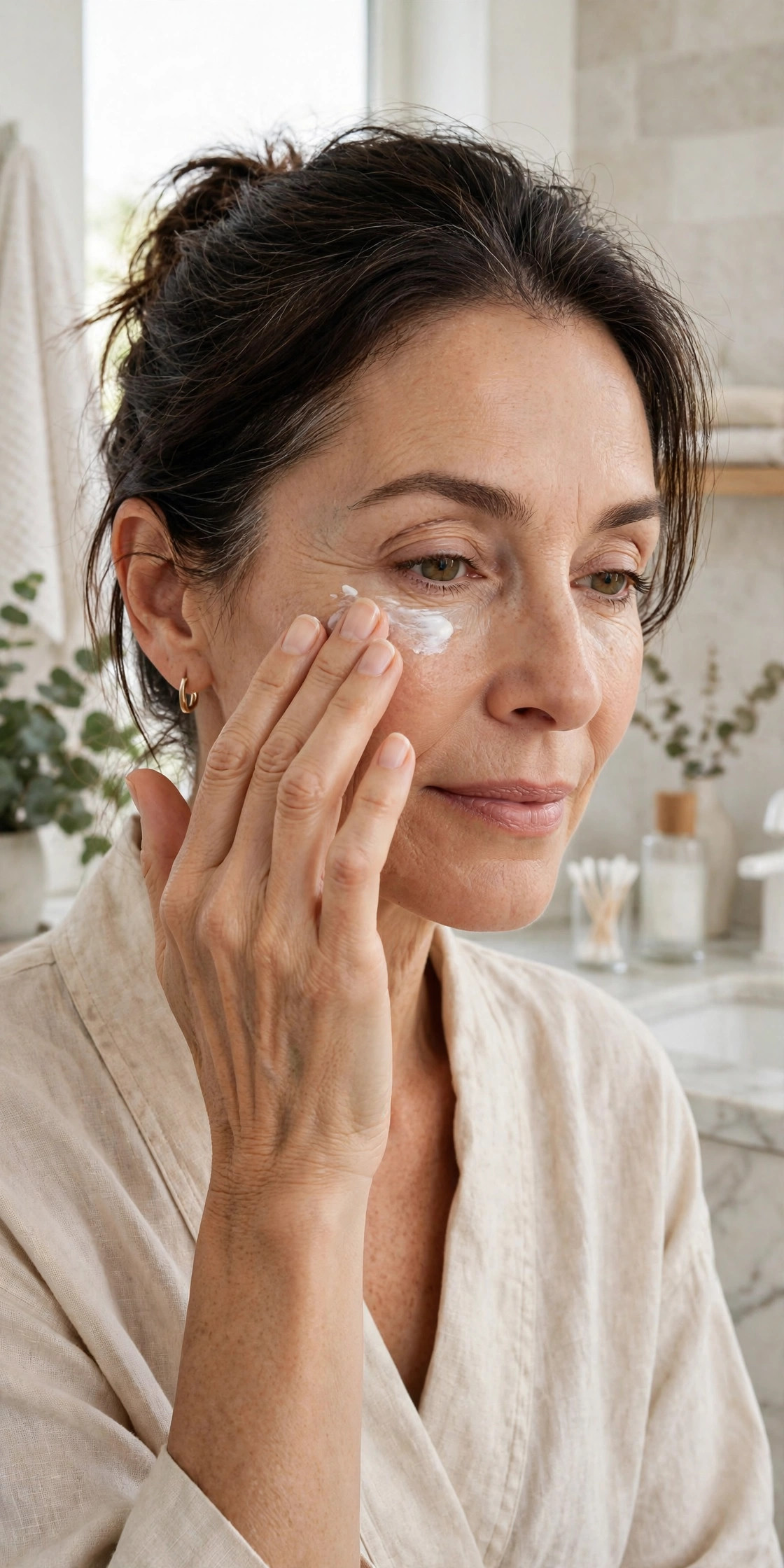 A woman in her 50s pressing mineral sunscreen around her eye area