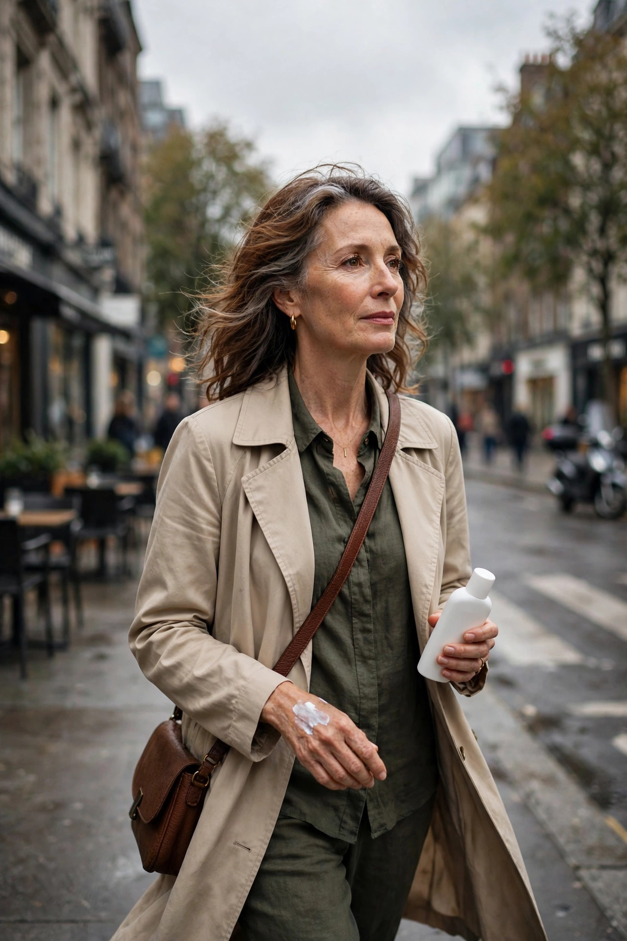 A woman in her 50s walking on a cloudy overcast day