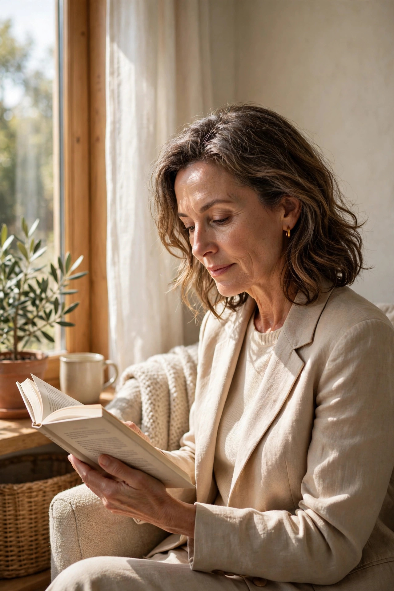 A woman in her 50s reading by a bright sunny window indoors