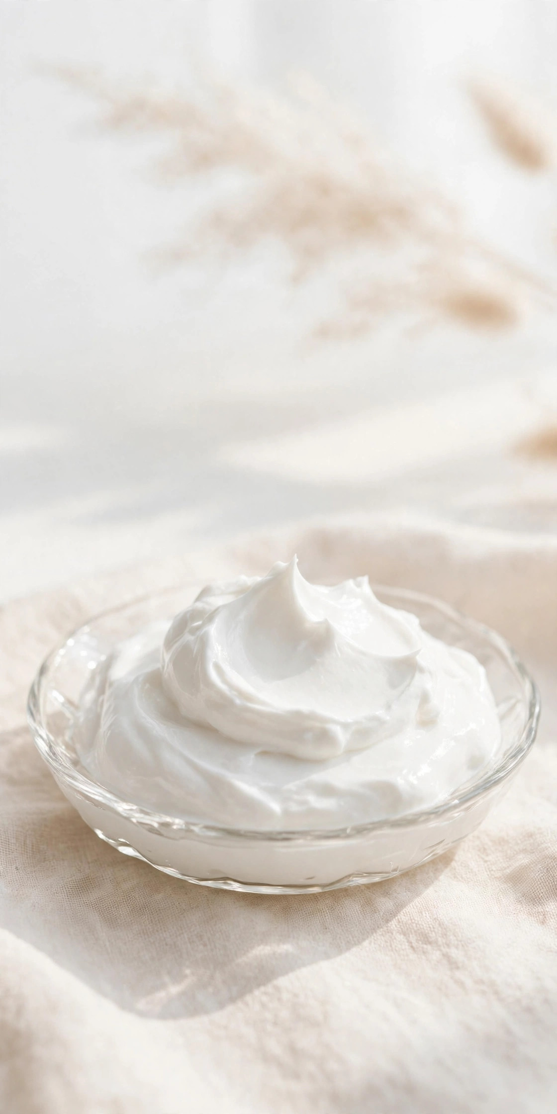 Generous shot-glass amount of sunscreen cream in a small dish