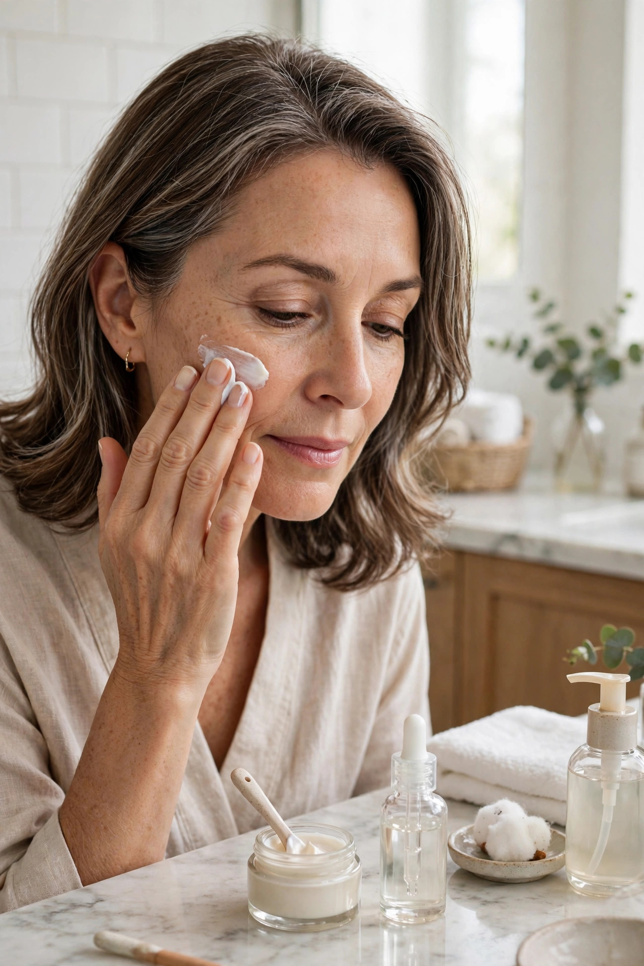 A woman in her 50s layering sunscreen as the final step of morning skincare