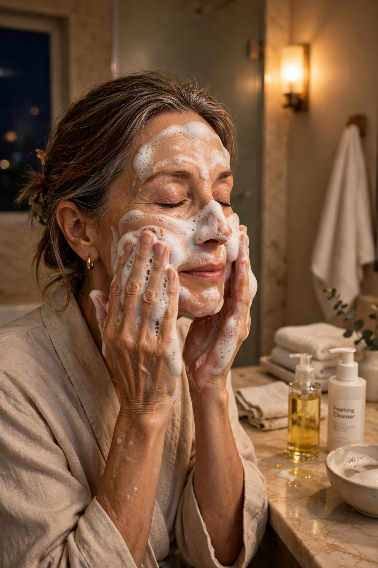 A woman in her 50s double-cleansing her face at night