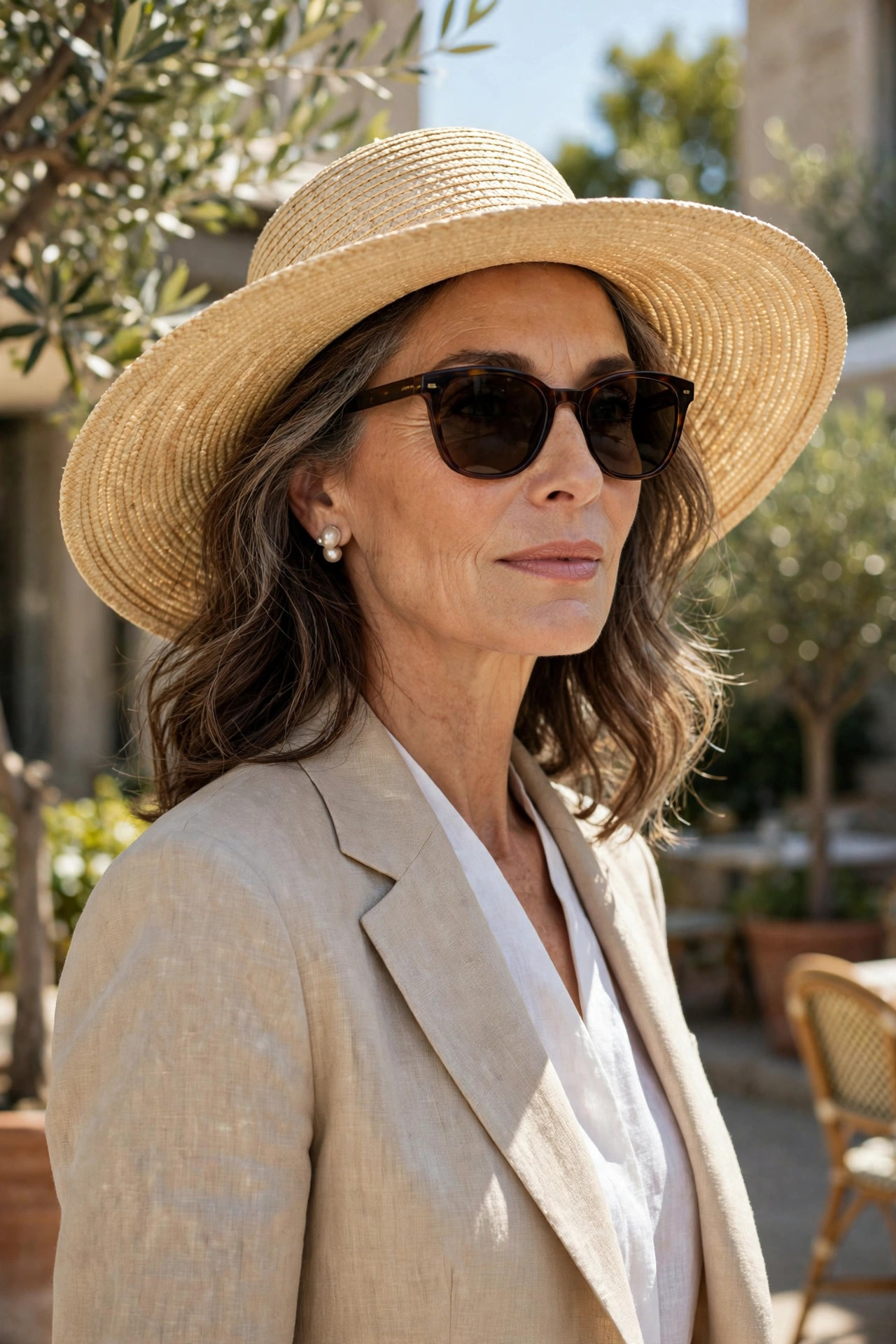 Elegant woman in her 50s wearing a wide-brim sun hat and sunglasses