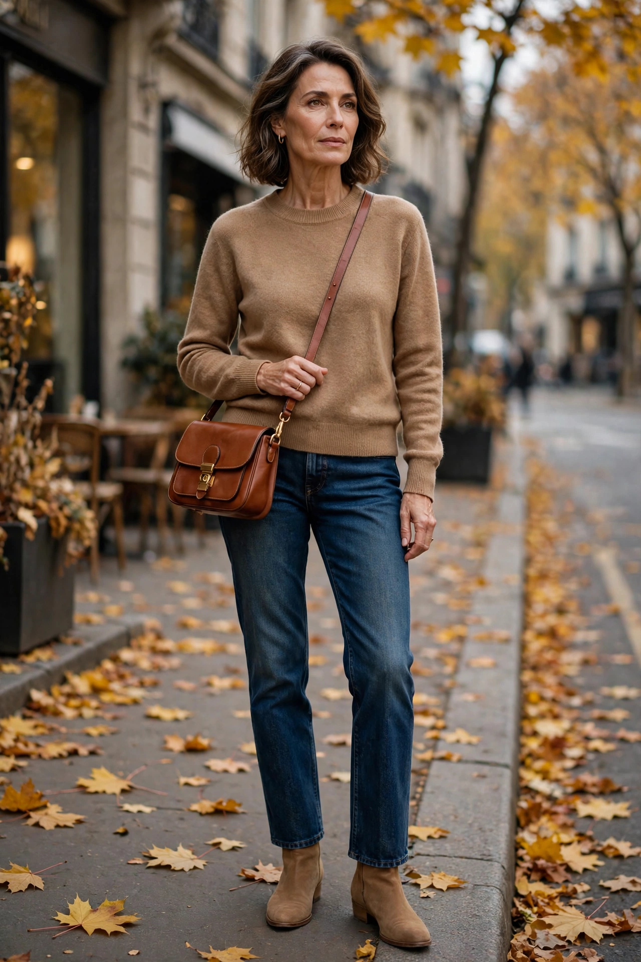 Woman over 50 wearing a camel crewneck sweater with dark-wash jeans and tan ankle boots