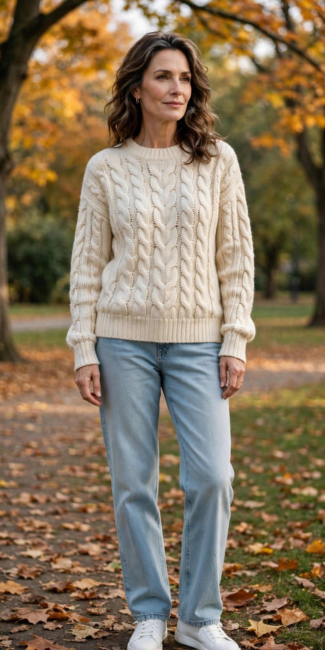 Woman over 50 wearing a cream cable-knit sweater with light-wash jeans and white sneakers