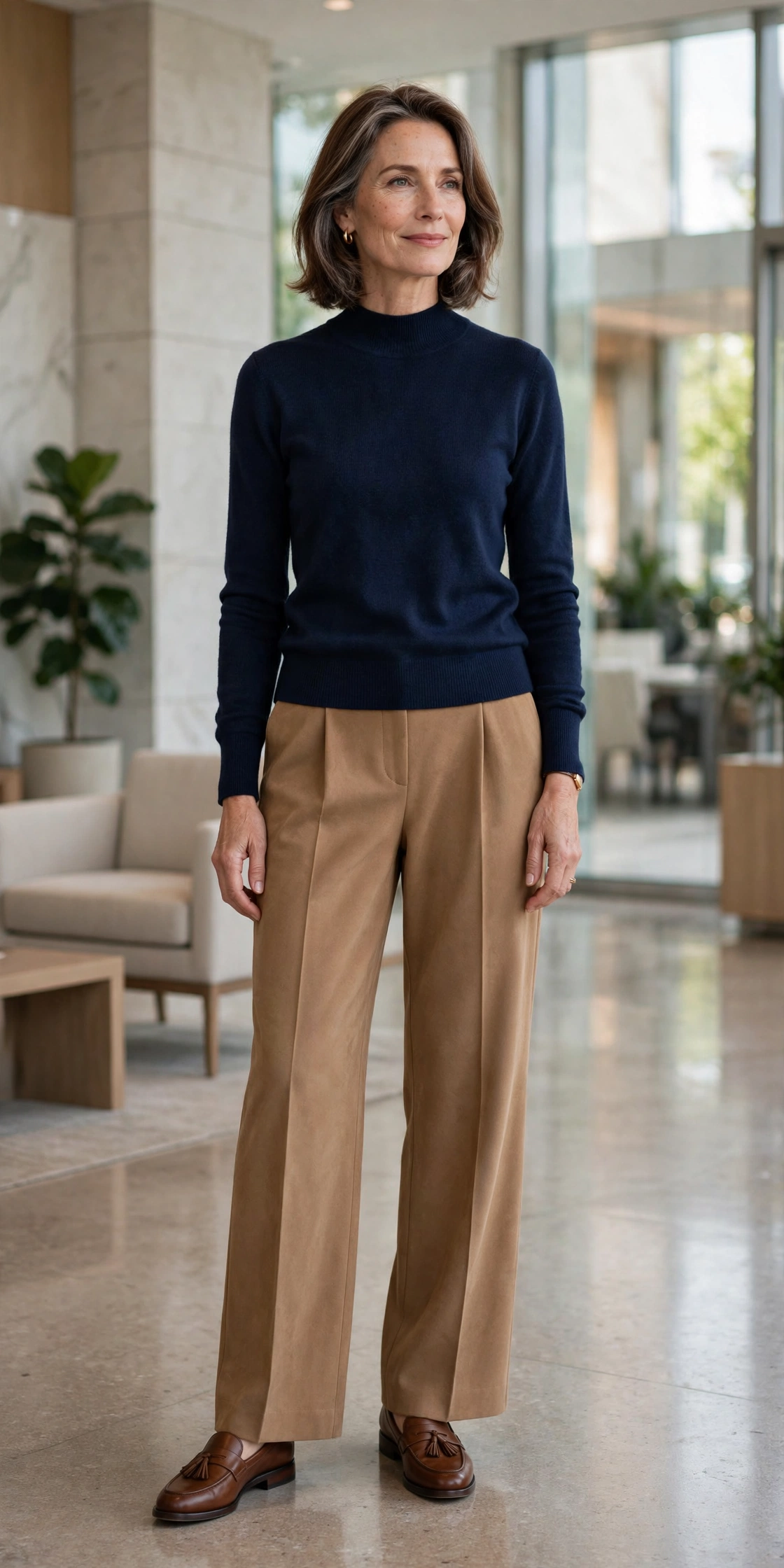 Woman over 50 in a navy mock-neck sweater with camel wide-leg trousers