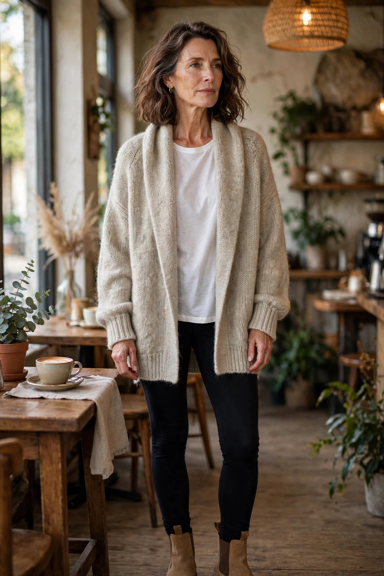 Woman over 50 wearing an oatmeal oversized cardigan with black leggings and Chelsea boots
