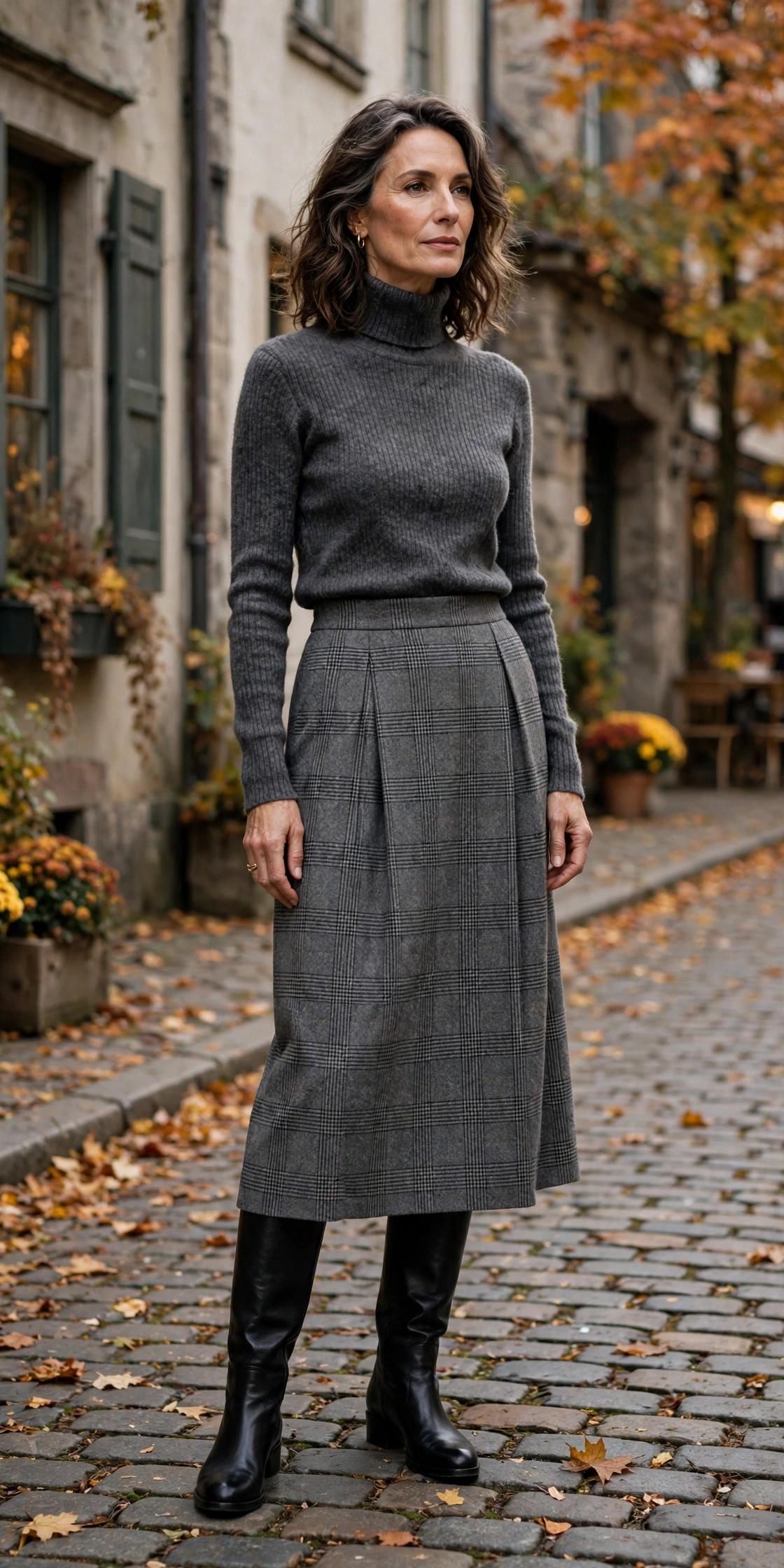 Woman over 50 in a charcoal turtleneck sweater with a gray plaid midi skirt