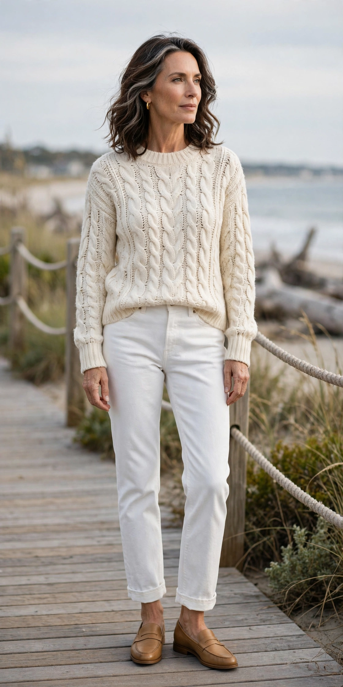 Woman over 50 wearing an ivory fisherman knit sweater with white jeans