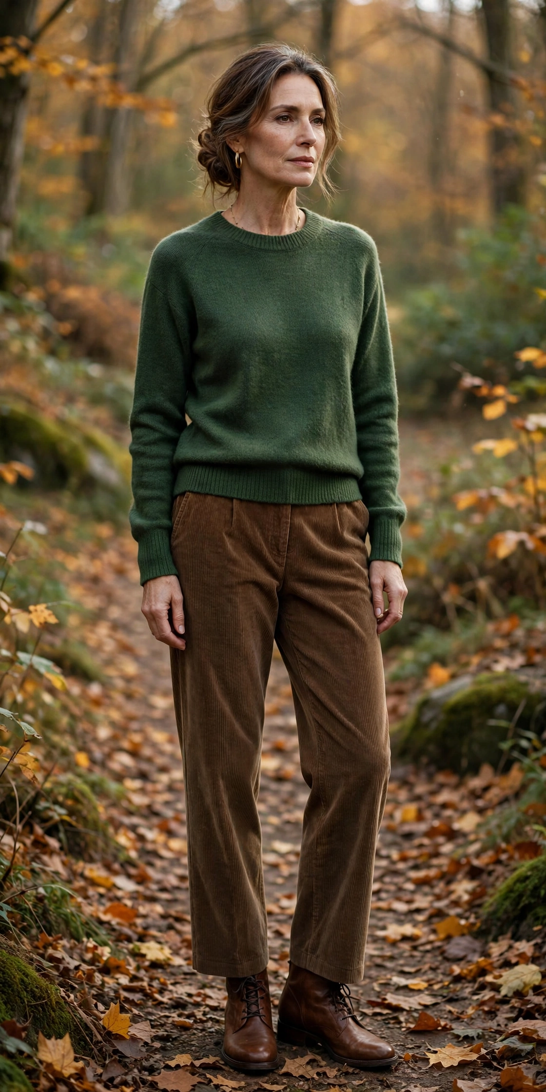 Woman over 50 in a forest green crewneck sweater with brown corduroy trousers