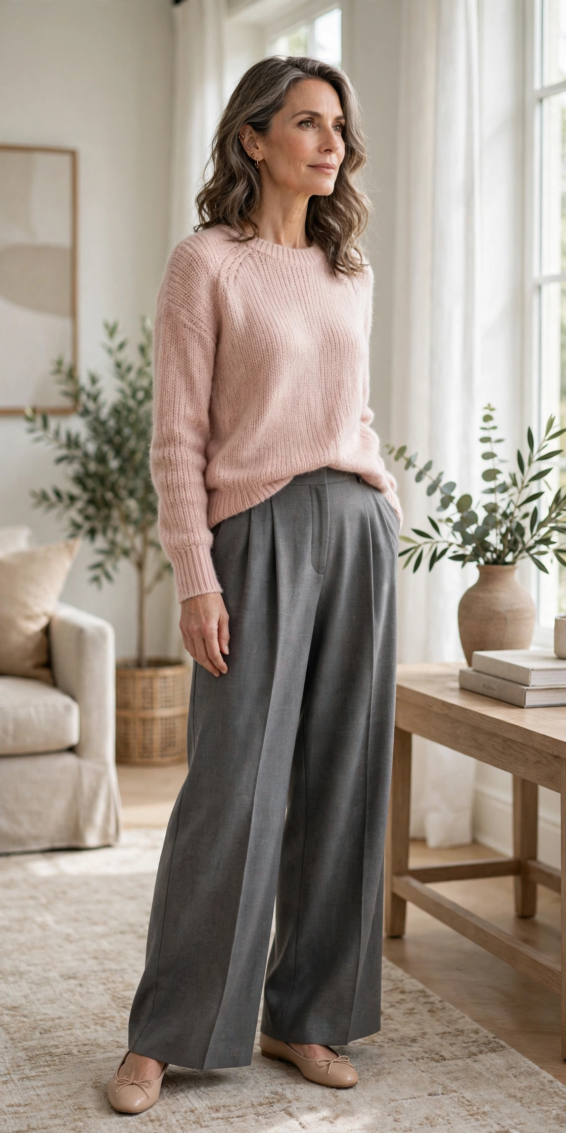 Woman over 50 wearing a blush pink knit sweater with gray wide-leg trousers