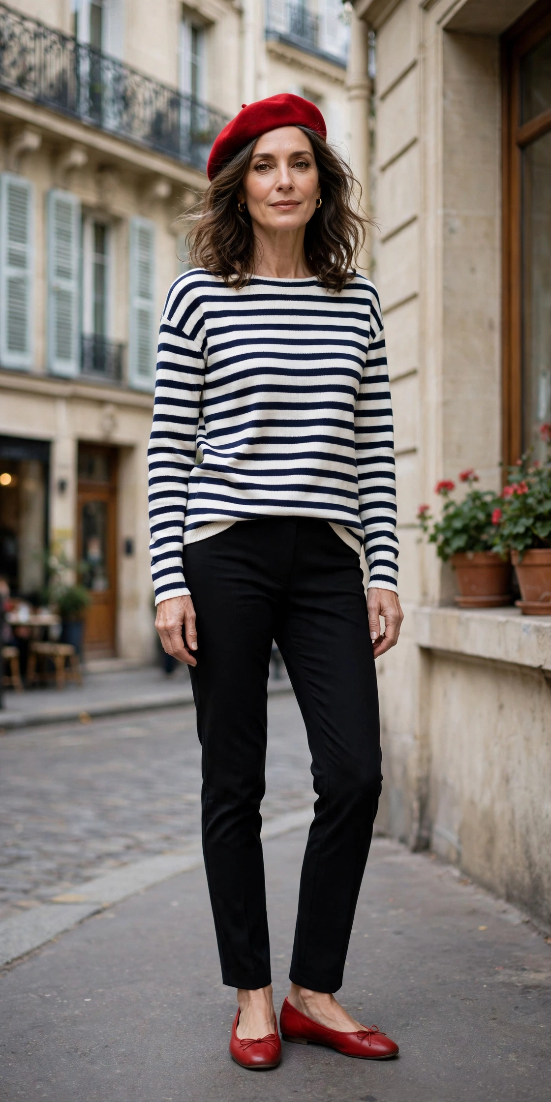 Woman over 50 in a navy Breton striped sweater with black pants and a red beret