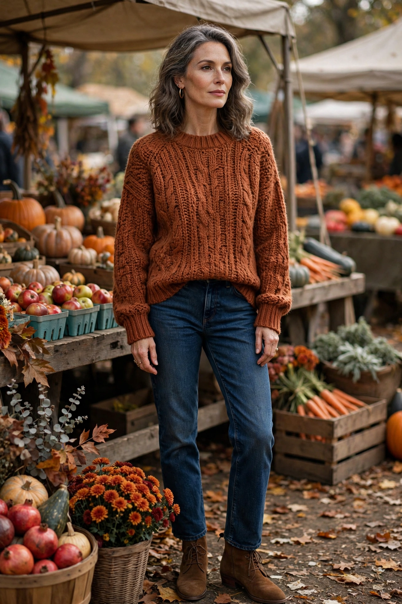 Woman over 50 wearing a rust chunky-knit sweater with dark jeans and suede boots