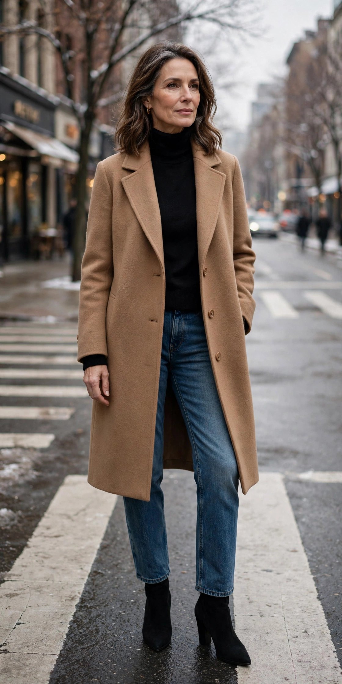 Woman over 50 in a black turtleneck sweater under a camel wool coat with jeans