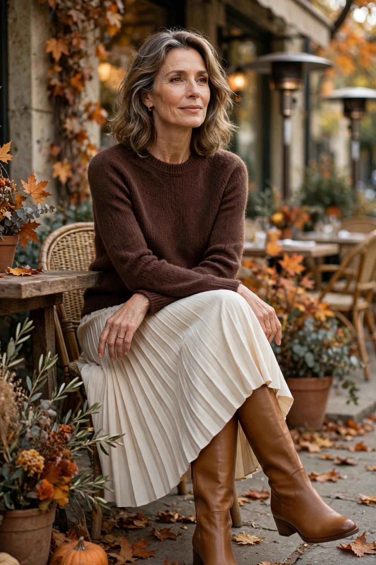 Woman over 50 wearing a chocolate brown sweater with a cream pleated midi skirt
