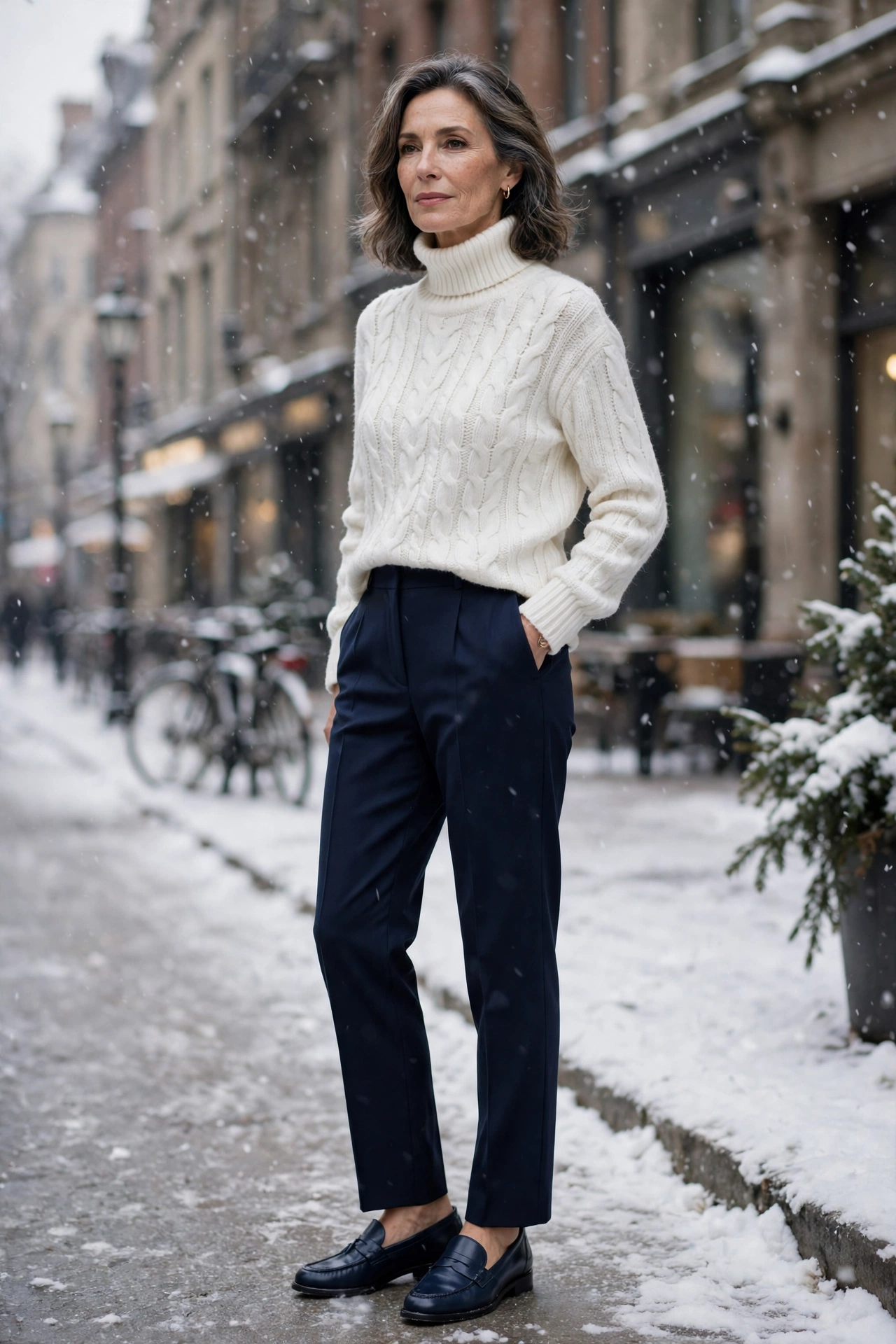 Woman over 50 in a white cable-knit turtleneck with navy tailored trousers