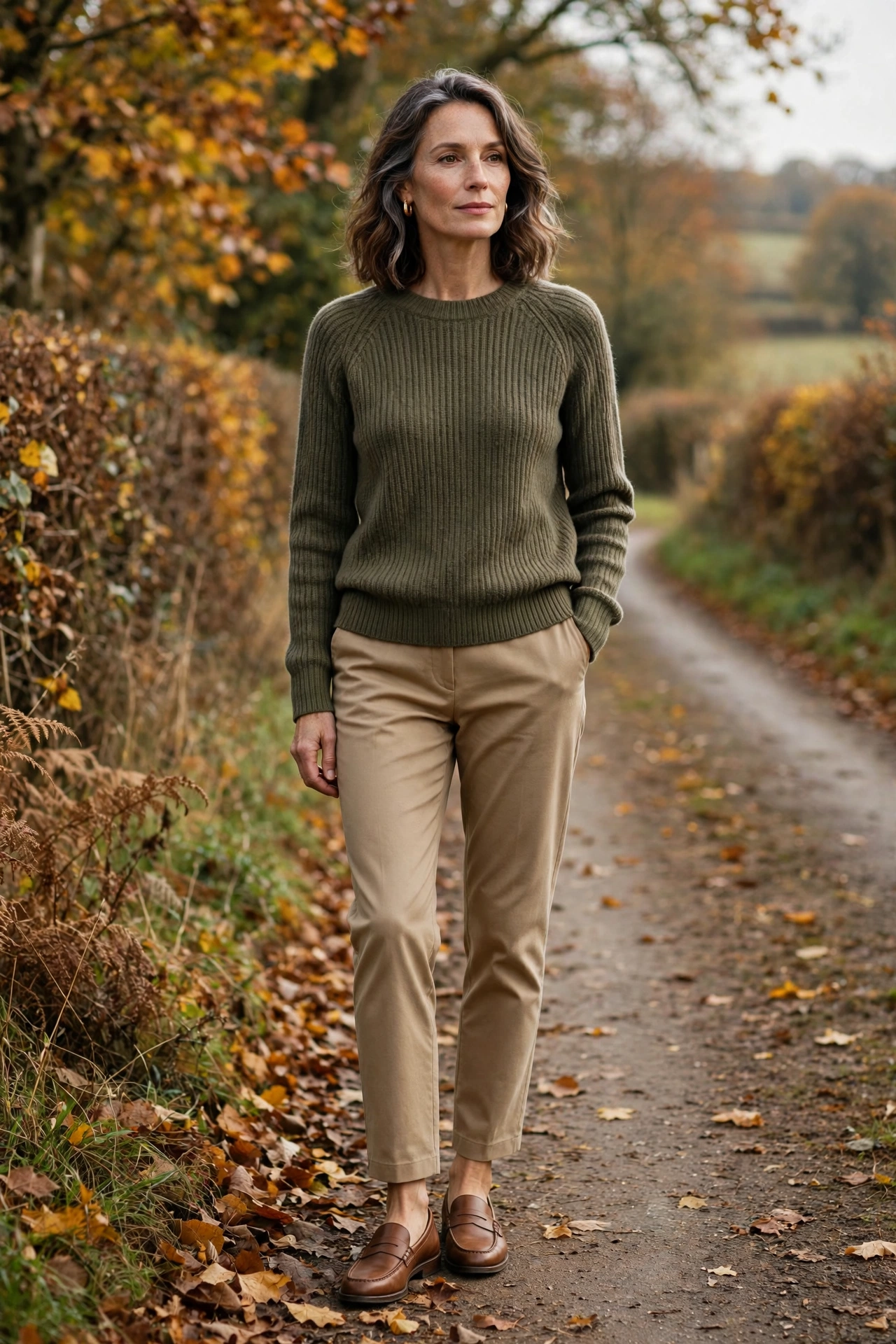 Woman over 50 wearing an olive ribbed sweater with tan chinos and loafers