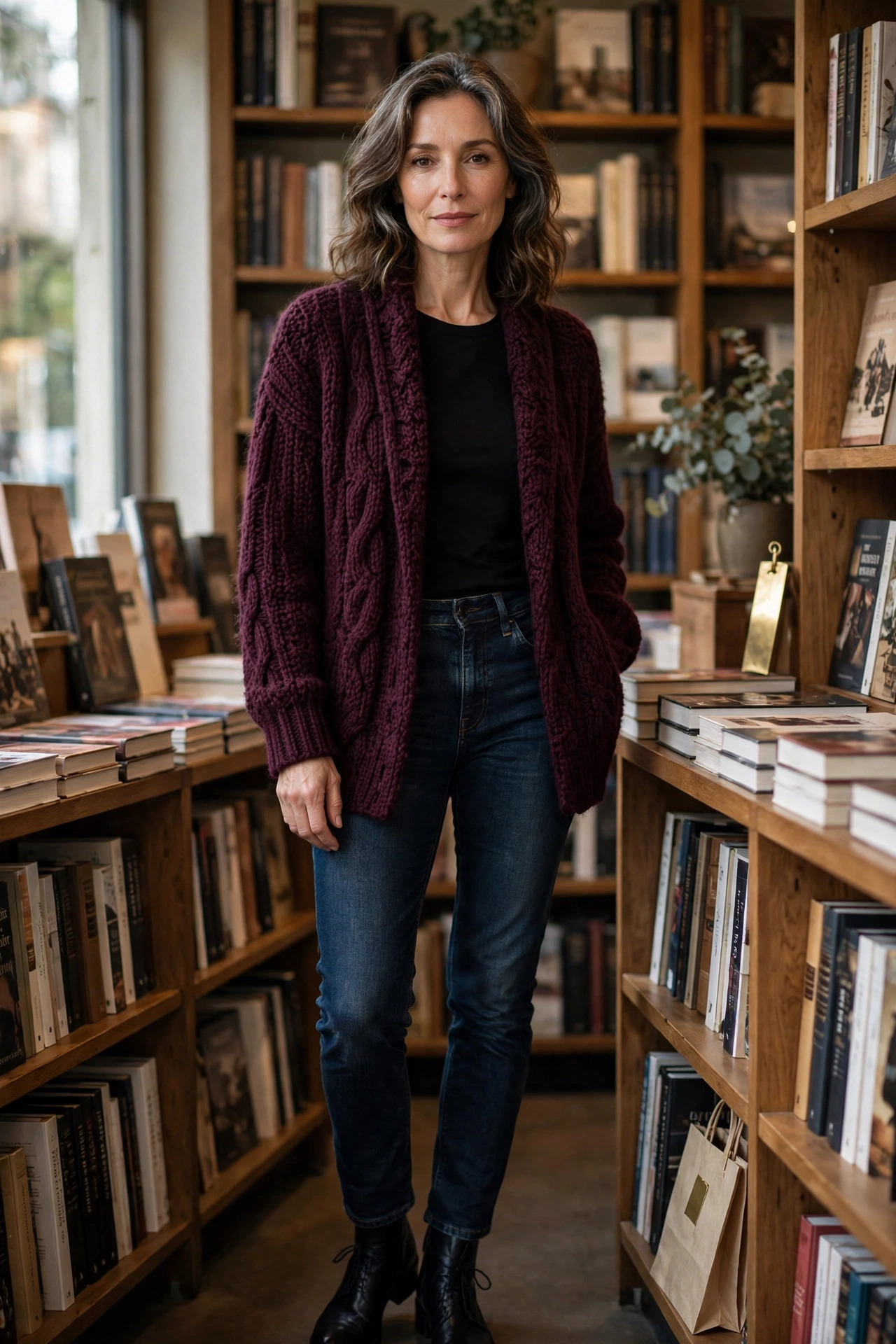 Woman over 50 wearing a wine chunky cardigan over black with dark jeans