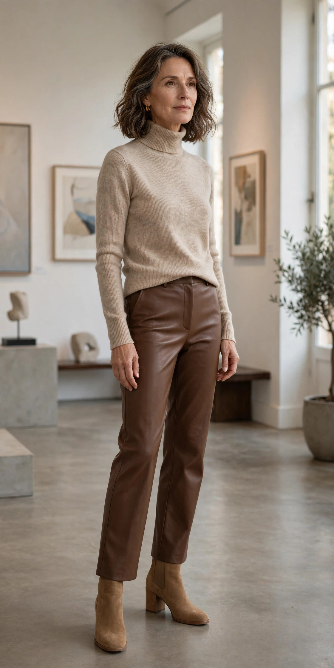 Woman over 50 in a beige turtleneck sweater with brown faux-leather trousers