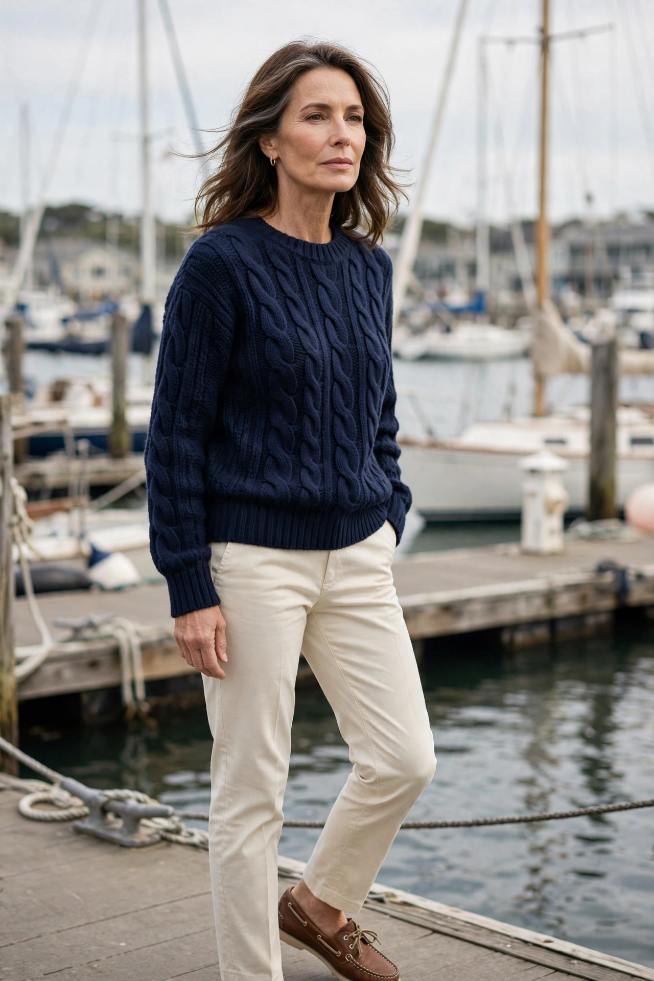 Woman over 50 wearing a navy fisherman sweater with cream chinos