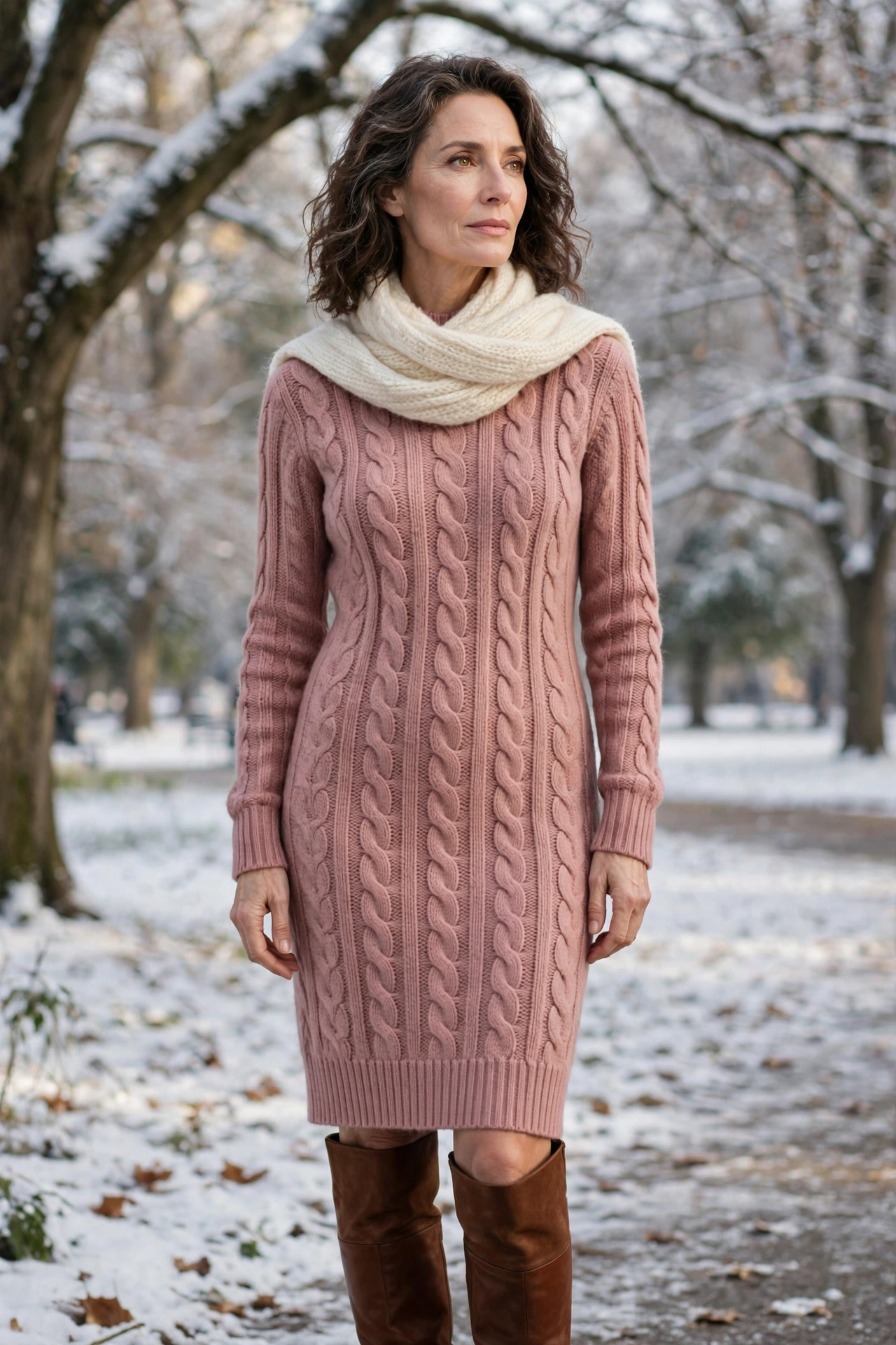 Woman over 50 in a dusty rose cable-knit sweater dress with knee-high boots