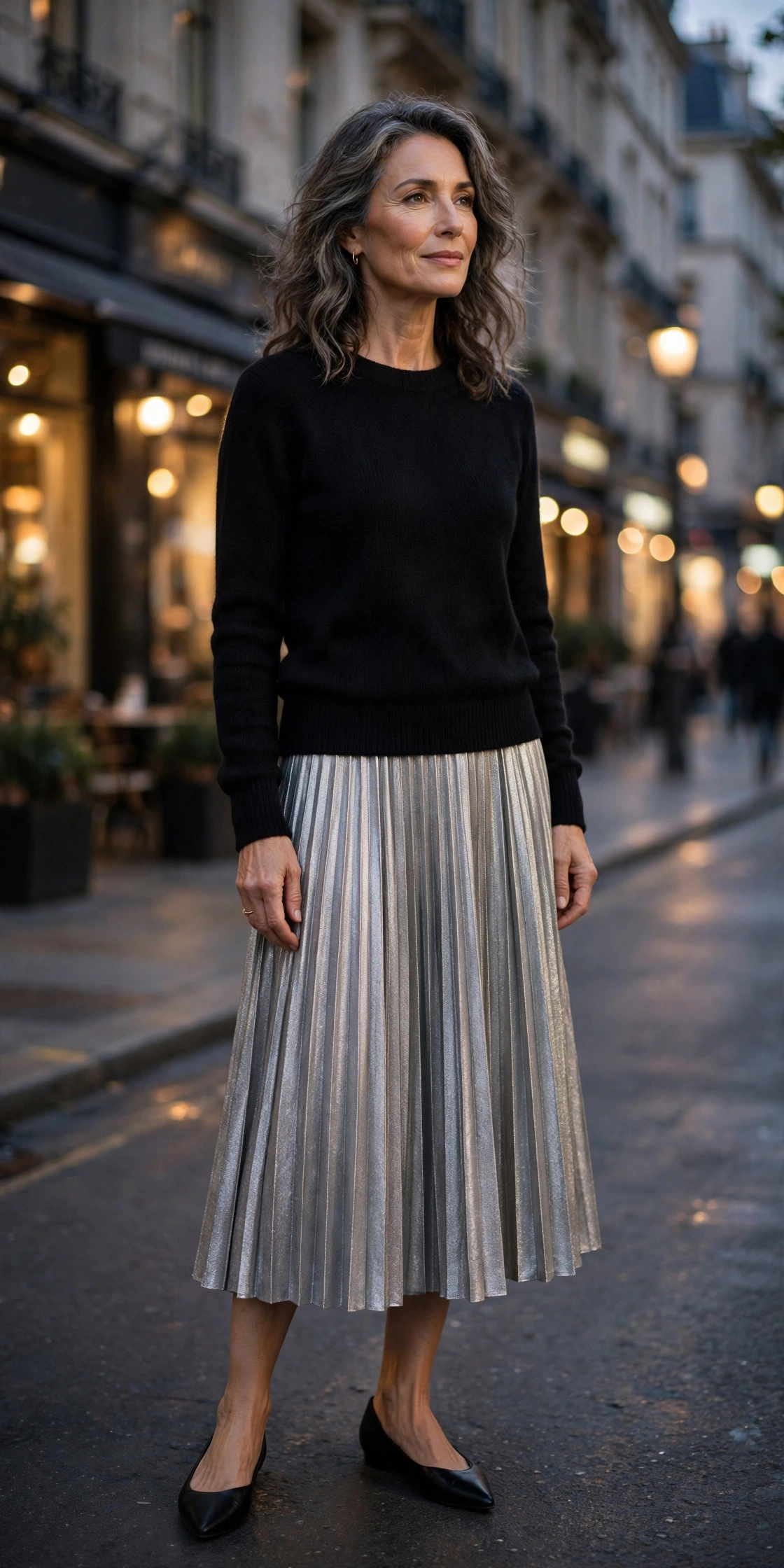 Woman over 50 wearing a black fine-knit sweater with a silver pleated midi skirt