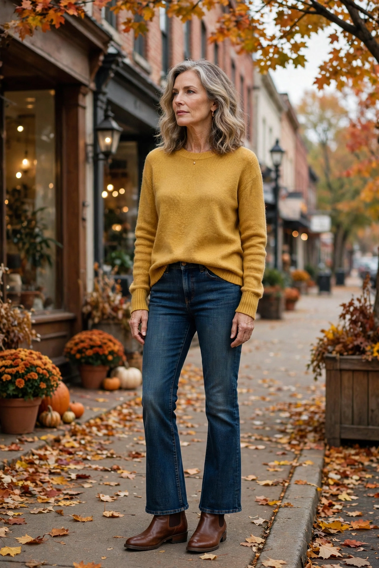 Woman over 50 in a mustard crewneck sweater with bootcut jeans and Chelsea boots