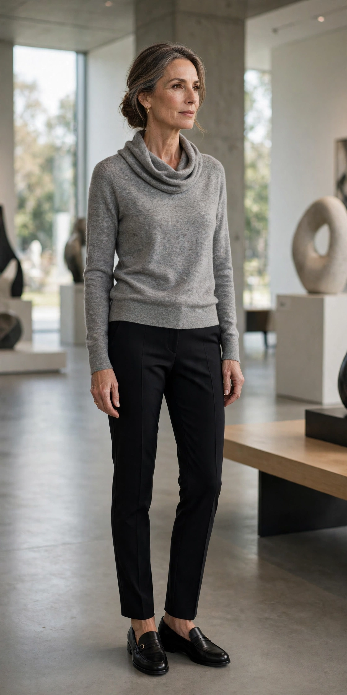 Woman over 50 wearing a heather gray cowl-neck sweater with black ponte pants