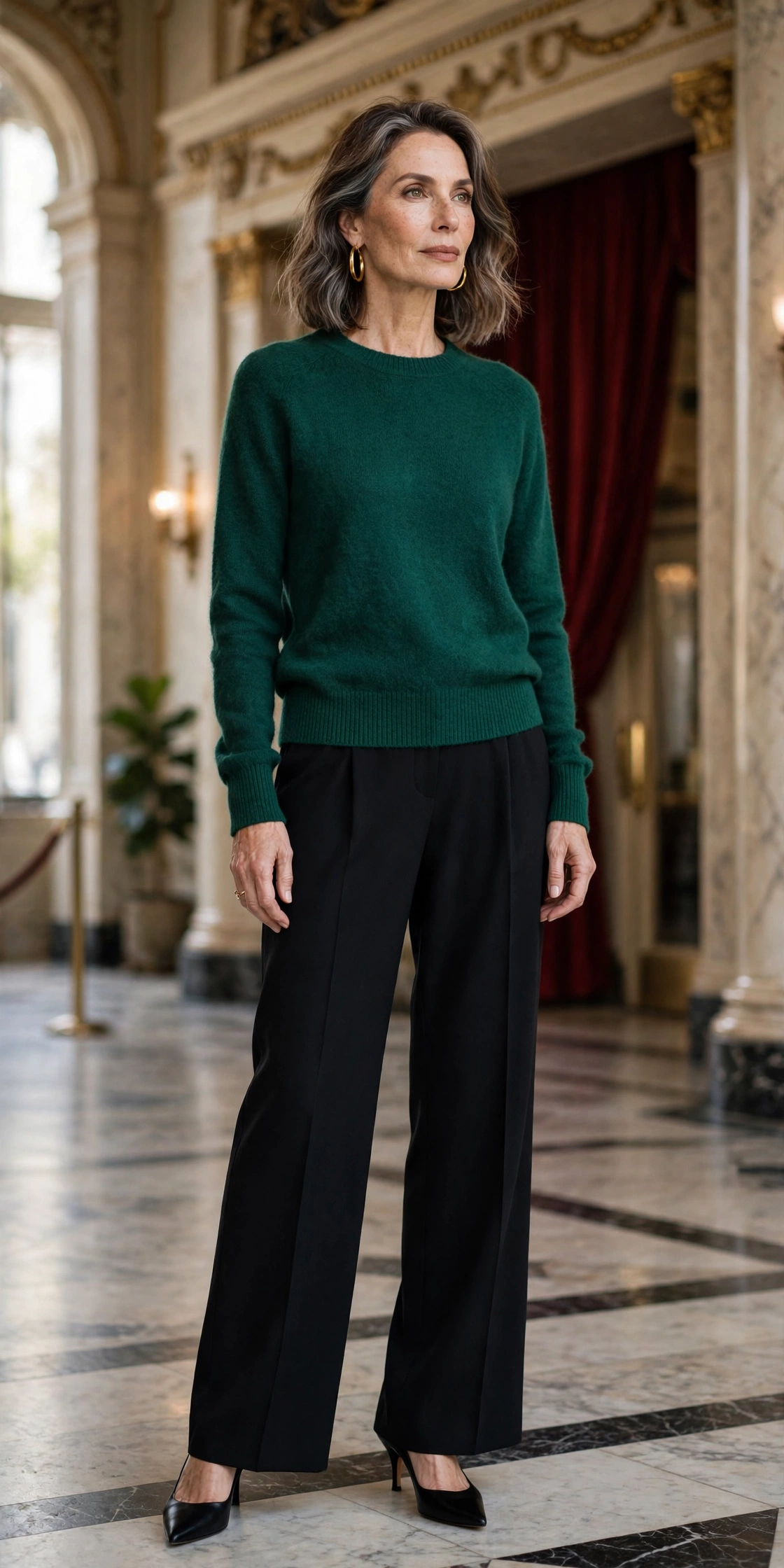 Woman over 50 in an emerald crewneck sweater with black wide-leg trousers