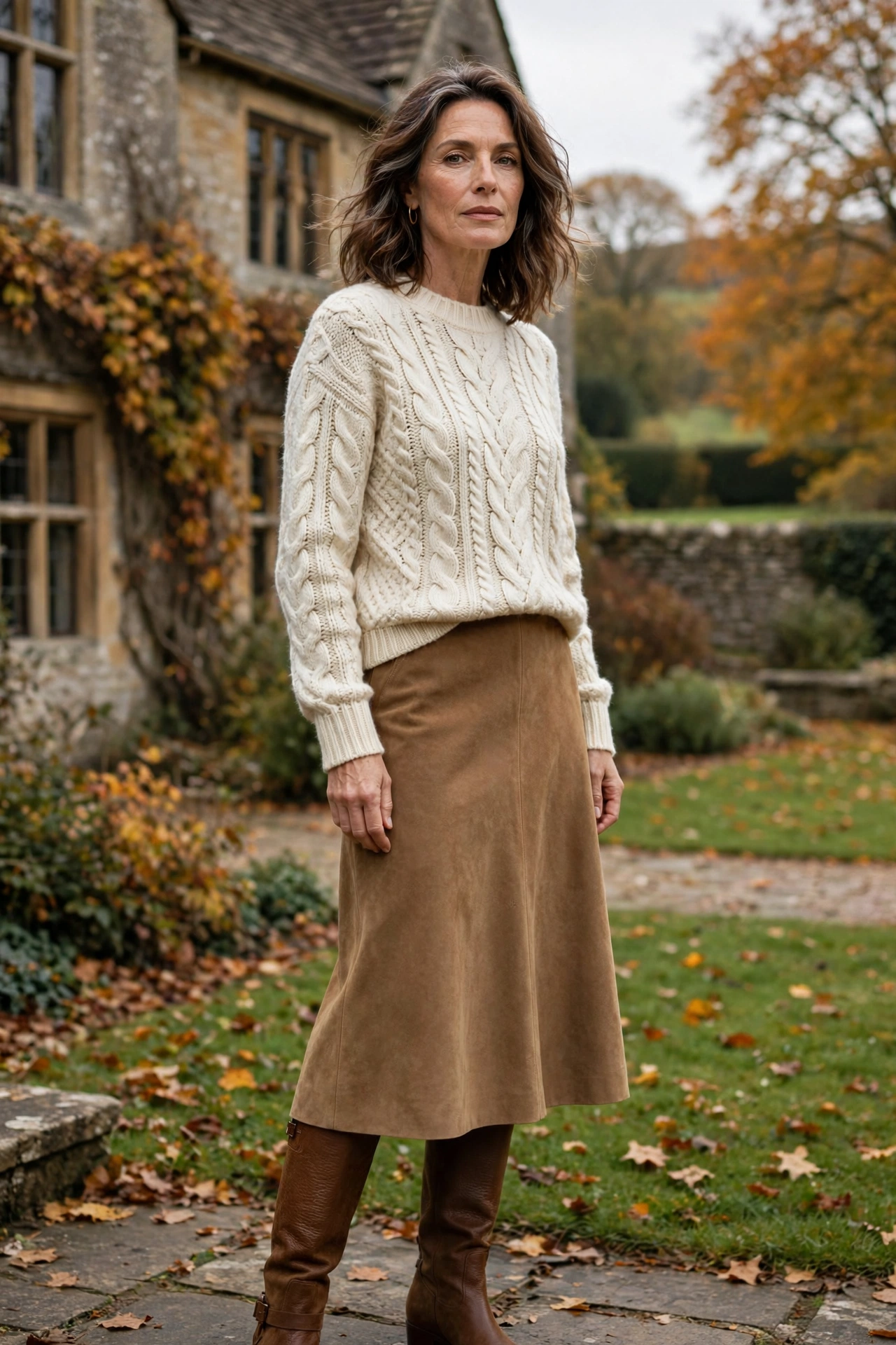 Woman over 50 wearing a cream Aran knit sweater with a tan suede midi skirt