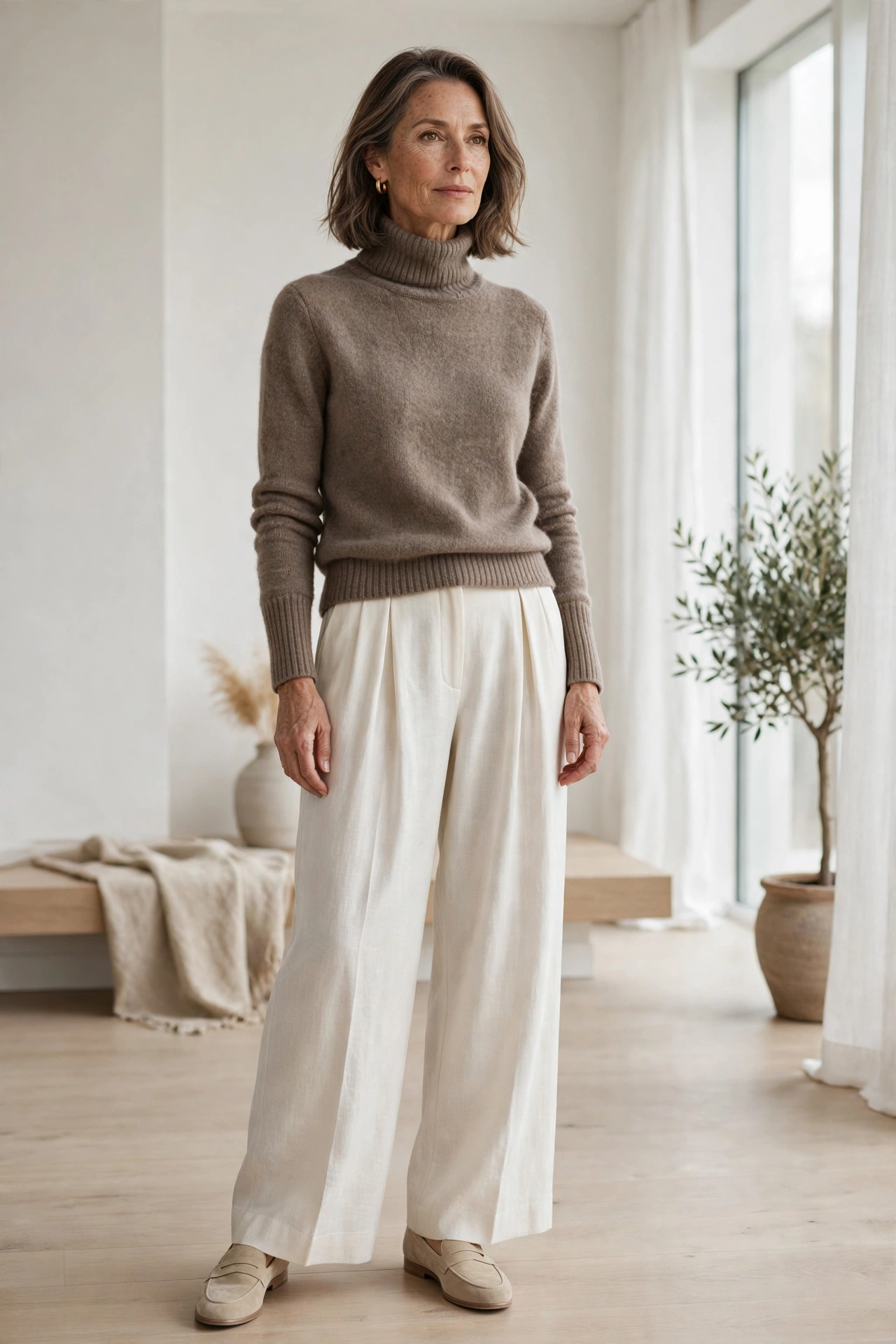Woman over 50 in a taupe turtleneck sweater with ivory wide-leg trousers