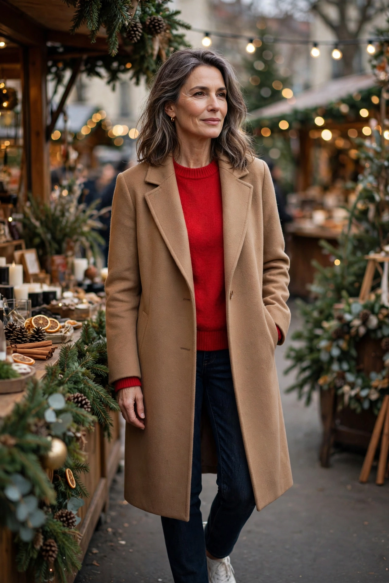 Woman over 50 wearing a red crewneck sweater under a camel coat with jeans