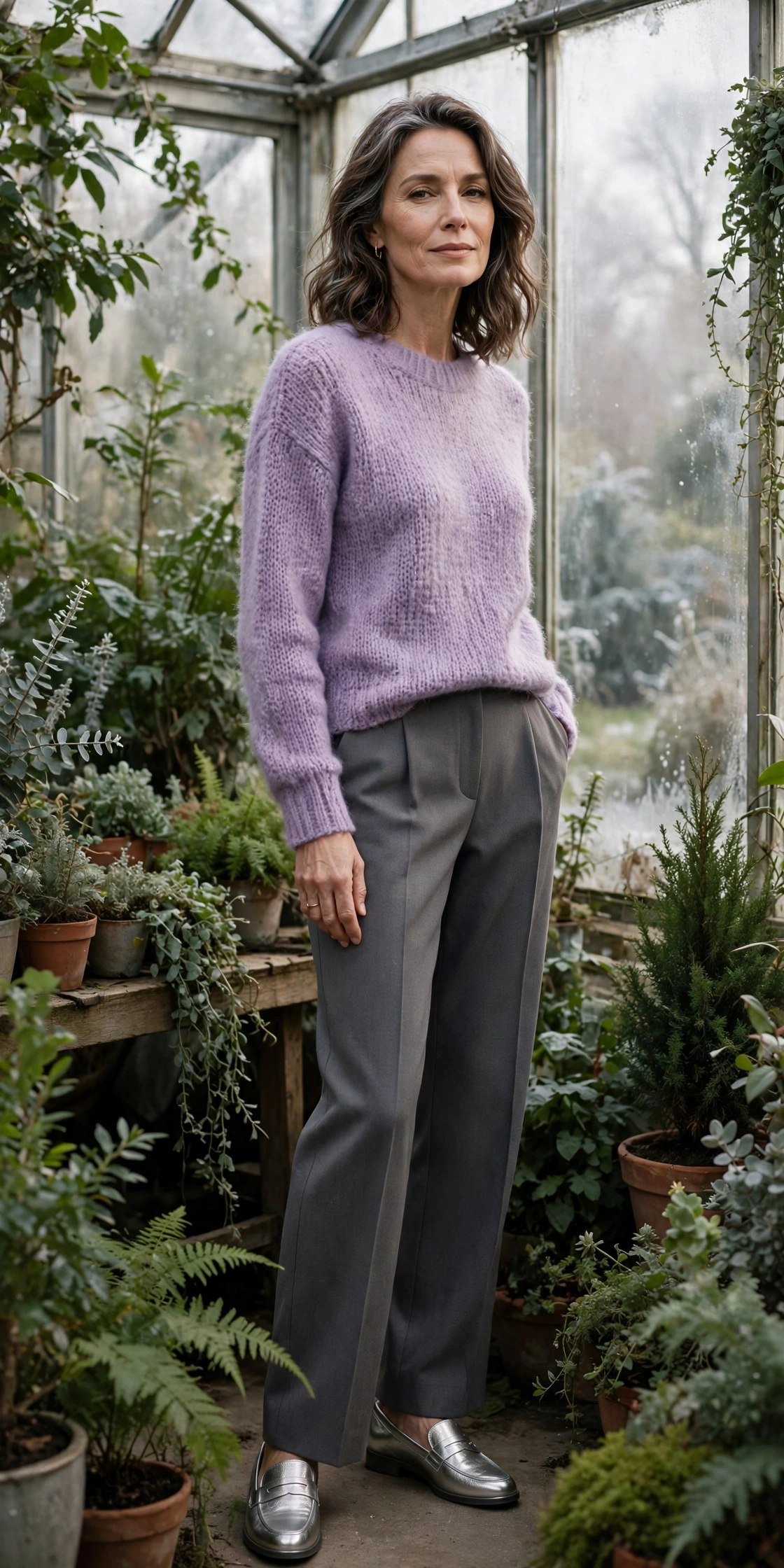 Woman over 50 in a lilac soft-knit sweater with gray tailored trousers
