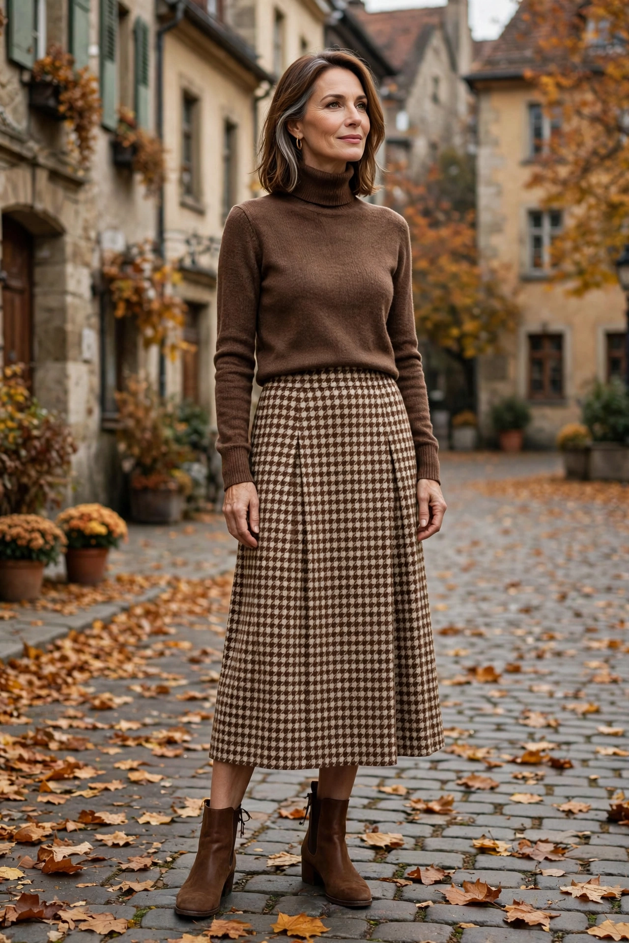 Woman over 50 wearing a brown turtleneck with a houndstooth midi skirt