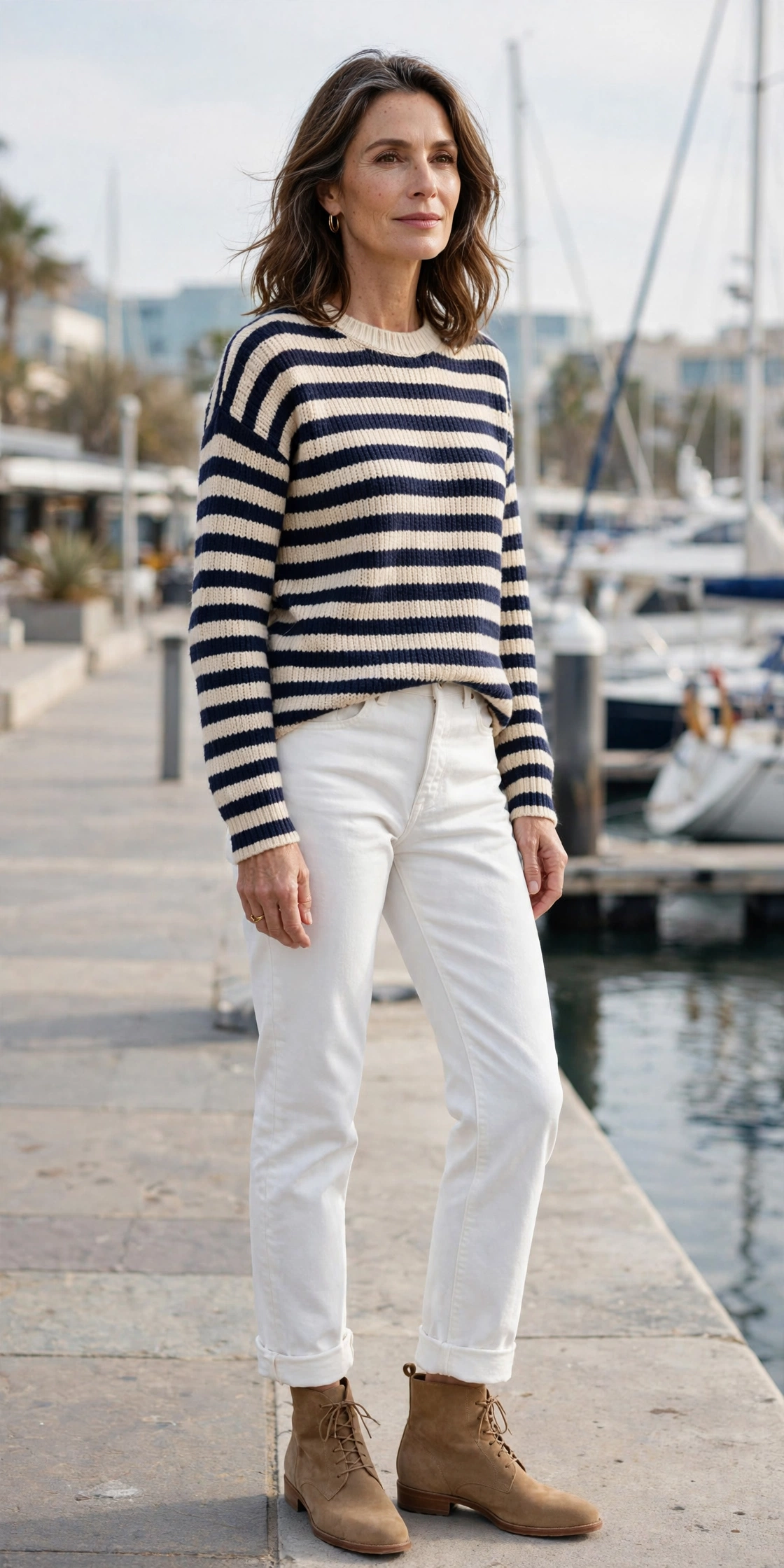 Woman over 50 in a navy striped sweater with white jeans and tan ankle boots