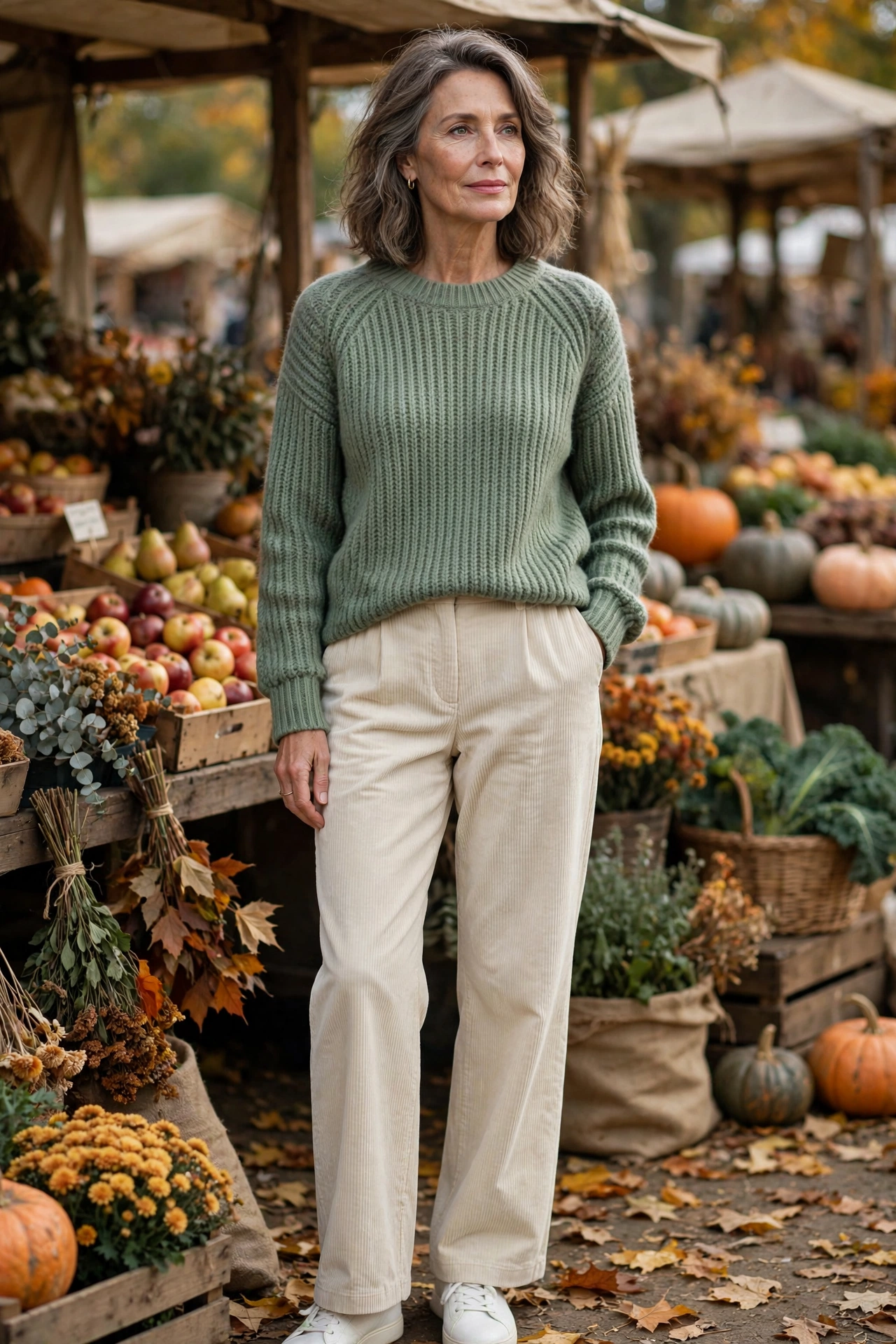 Woman over 50 wearing a sage green knit sweater with cream corduroy trousers