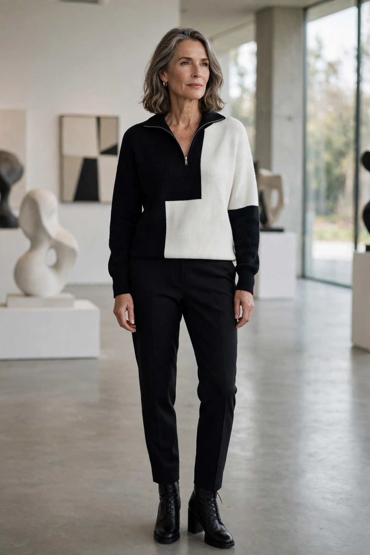Woman over 50 in a black-and-white colorblock sweater with black trousers