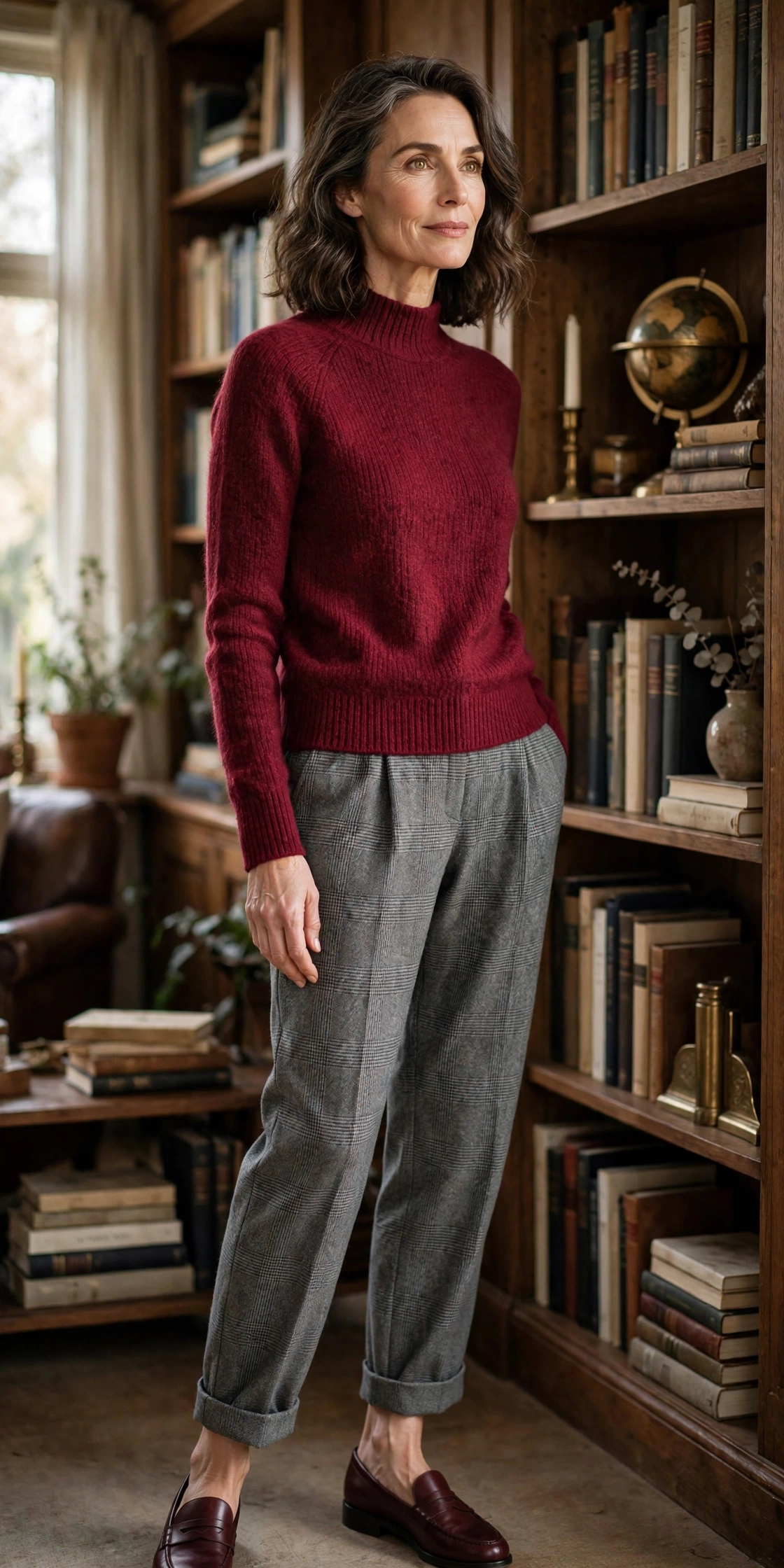 Woman over 50 wearing a cranberry mock-neck sweater with gray flannel trousers