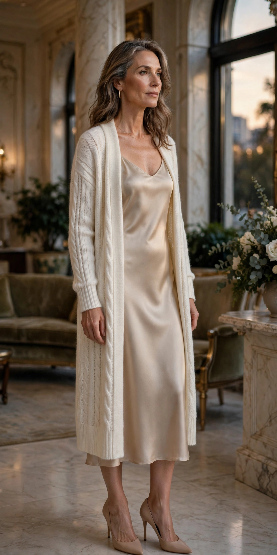 Woman over 50 in an ivory cardigan over a champagne satin slip dress
