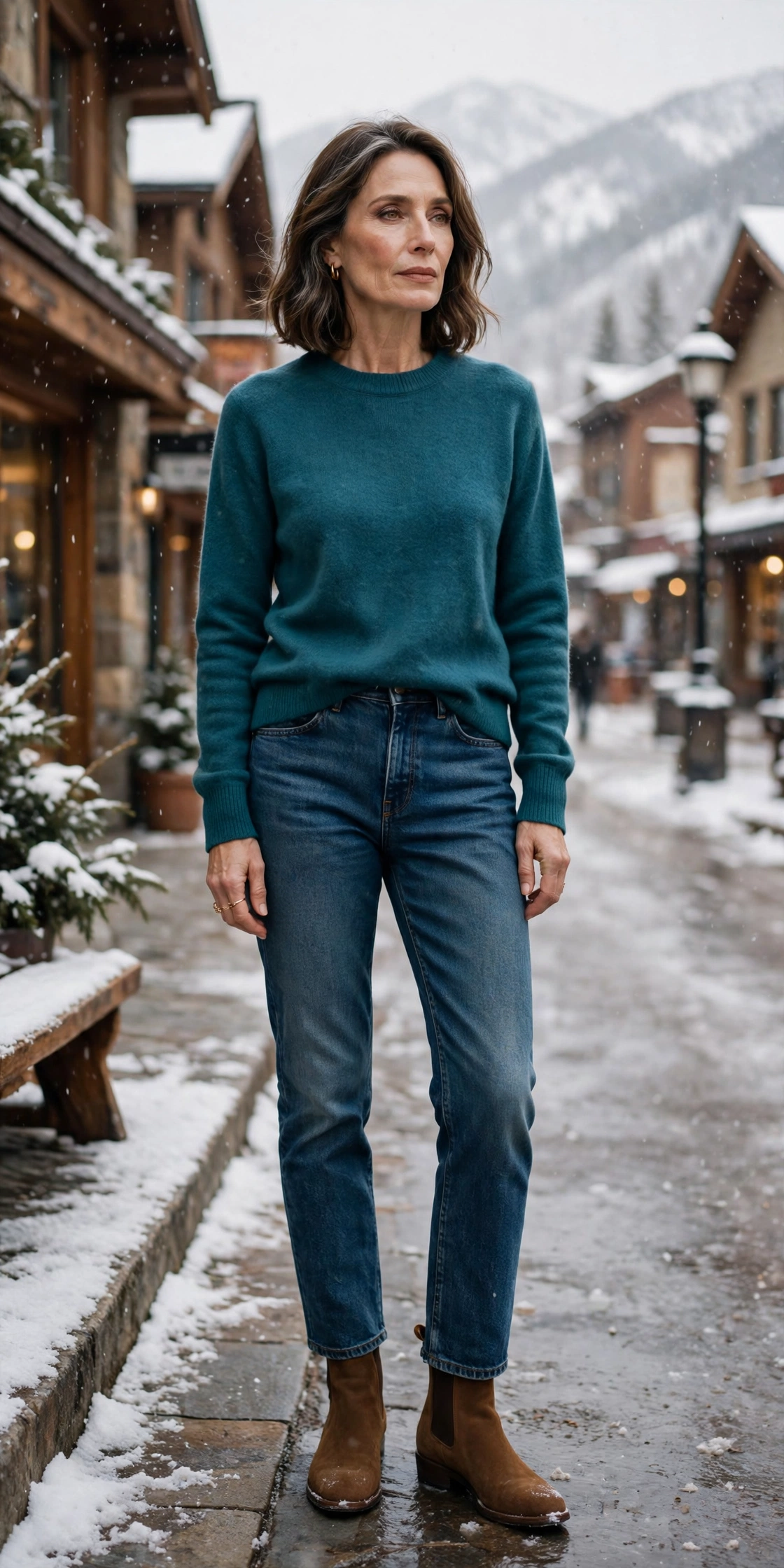 Woman over 50 wearing a teal crewneck sweater with dark jeans and suede boots