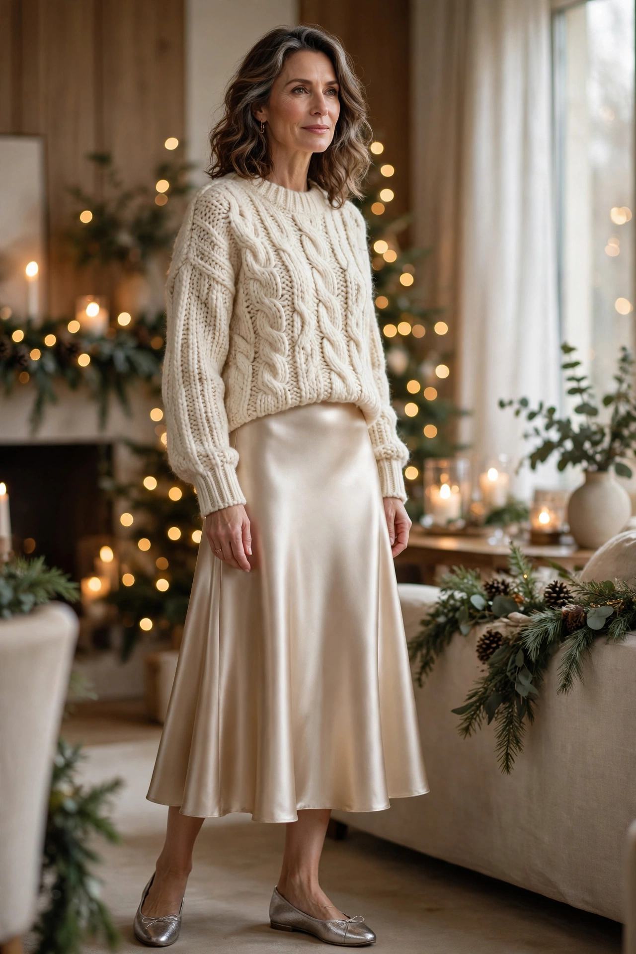 Woman over 50 wearing a cream chunky-knit sweater with a champagne satin skirt
